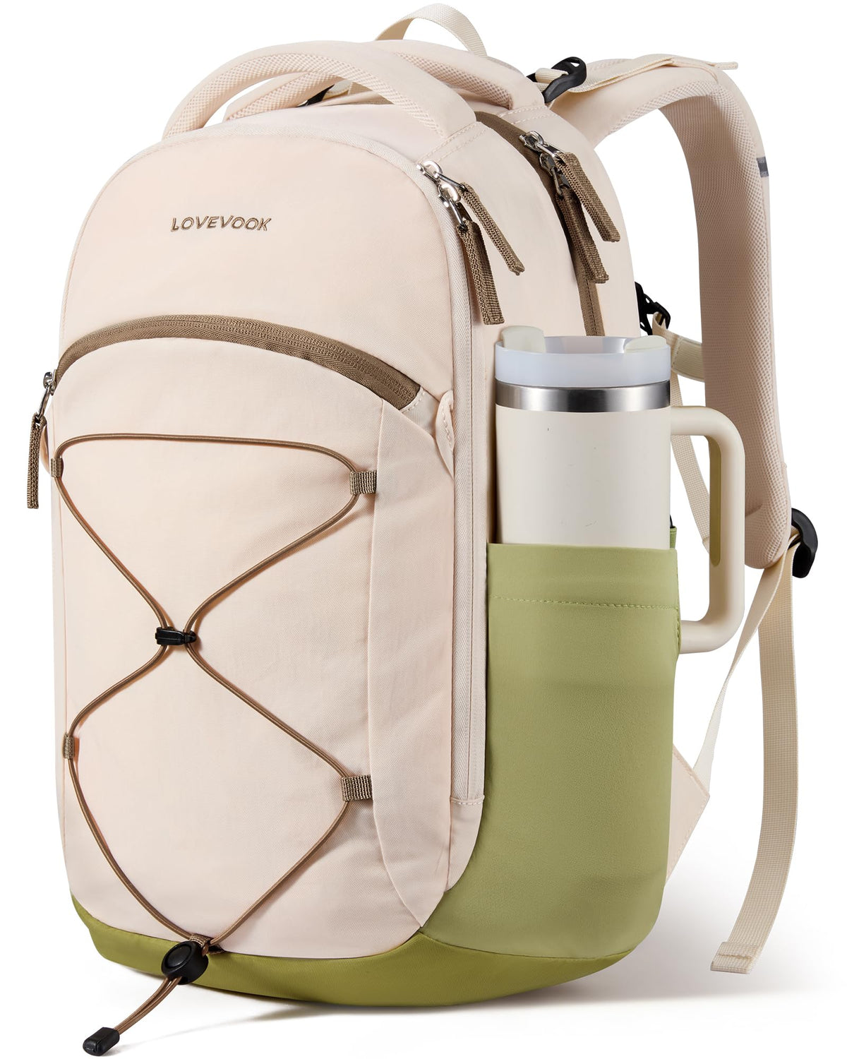 LOVEVOOK Everyday Laptop Backpack for Women & Men With Tumbler Holder,15.6 Inch Classic Travel Work College Teacher Carry on Backpack Purse,Waterproof Computer laptop Bag Hiking Backpack,Beige-Green