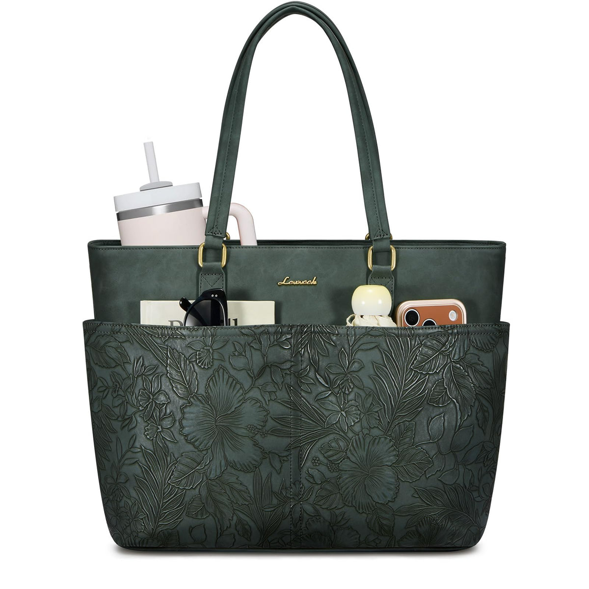 LOVEVOOK Work Tote Bags for Women, Vintage Leather 15.6 Inch Laptop Bag with Large Cup Holder, Teacher Nurse Medical Professional Computer Bag, Office Briefcase Handbag Gift