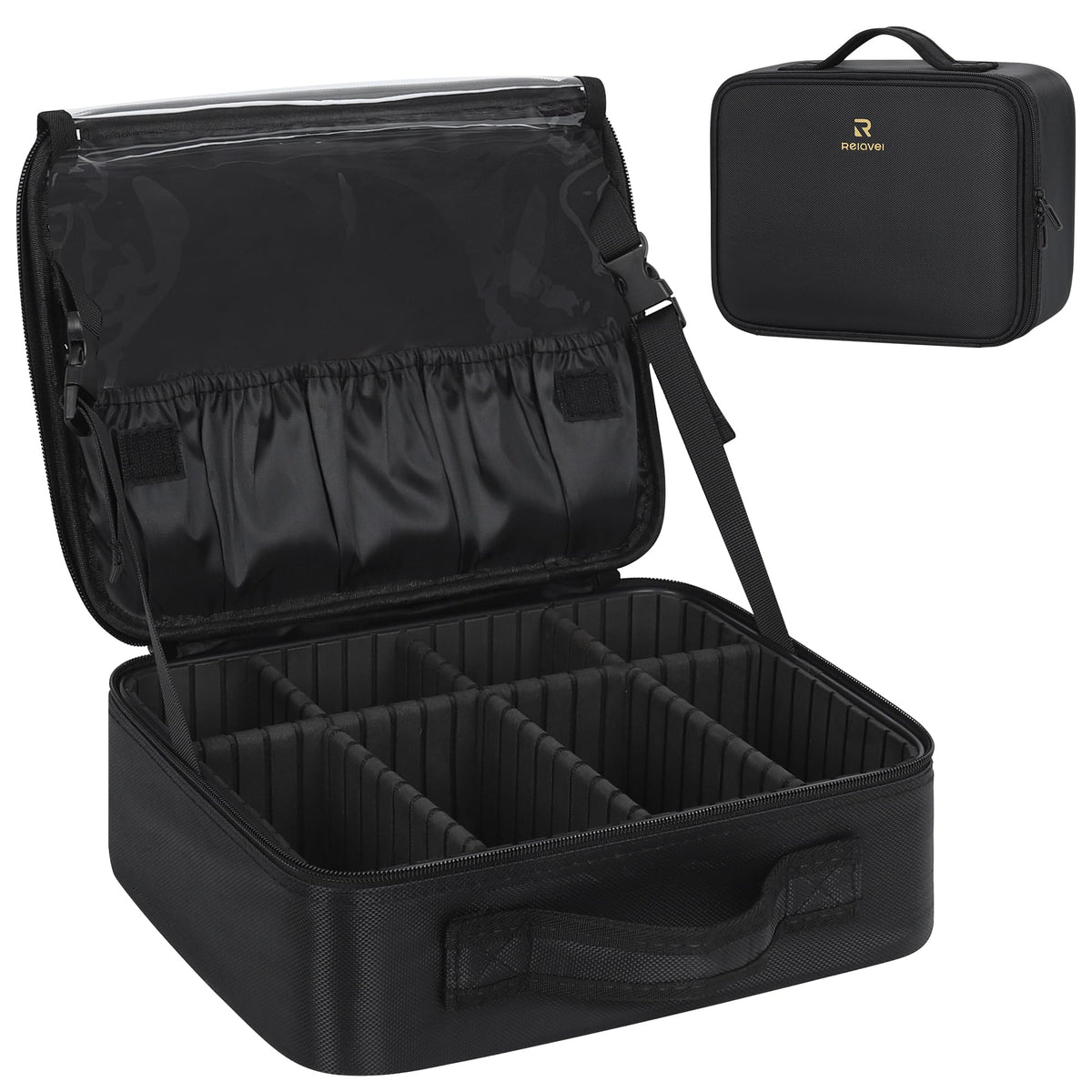 Relavel Makeup Bag Travel Makeup Train Case Large Cosmetic Case Professional Portable Makeup Brush Holder Organizer and Storage with Adjustable Dividers and Shoulder Strap Black