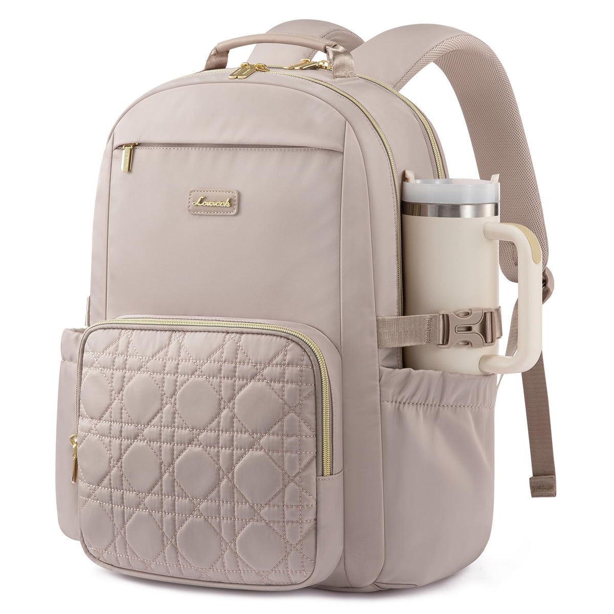 LOVEVOOK Laptop Backpack for Women with Pouch Pocket for Large Capacity Cup,15.6 Inch Laptop Computer Bag Travel Backpack Purse,Waterproof Work Business Backpack College Teacher Bags,Beige-Black-Brown