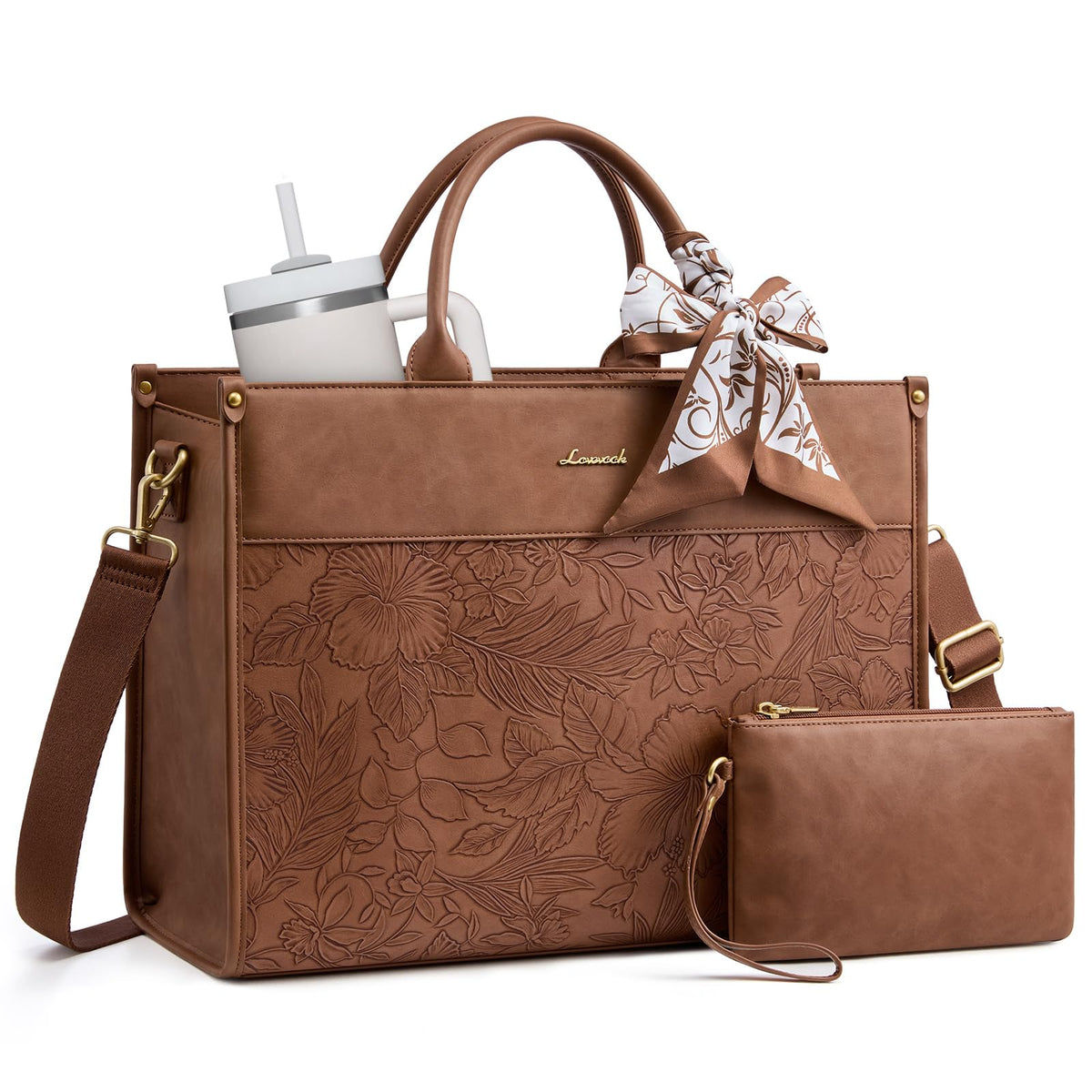 LOVEVOOK Laptop Tote Bag for Women, Vintage Work Bag with Large Cup Holder