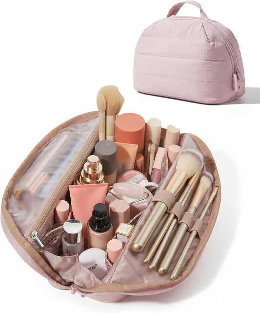 BAGSMART Travel Makeup Bag, Fold-Down Cosmetic Pouch for Women, Pink