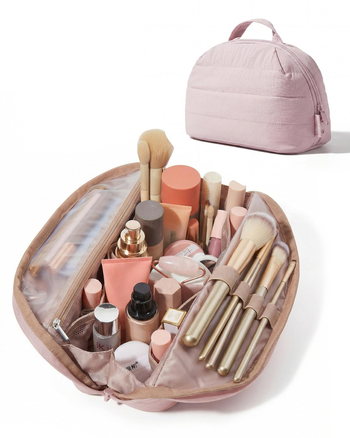 BAGSMART Travel Makeup Bag, Fold-Down Cosmetic Pouch for Women, Pink