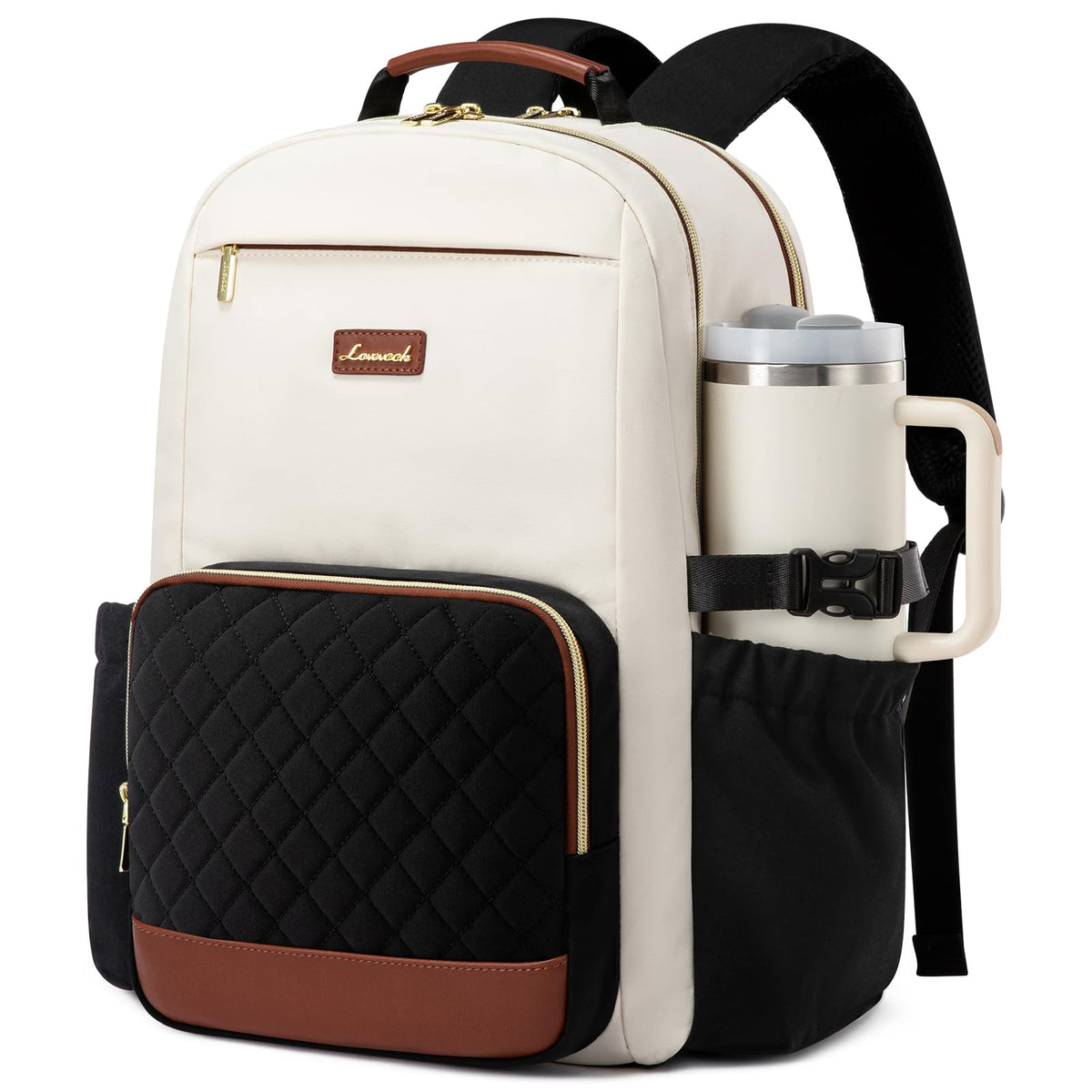 LOVEVOOK Laptop Backpack for Women with Pouch Pocket for Large Capacity Cup,15.6 Inch Laptop Computer Bag Travel Backpack Purse,Waterproof Work Business Backpack College Teacher Bags,Beige-Black-Brown