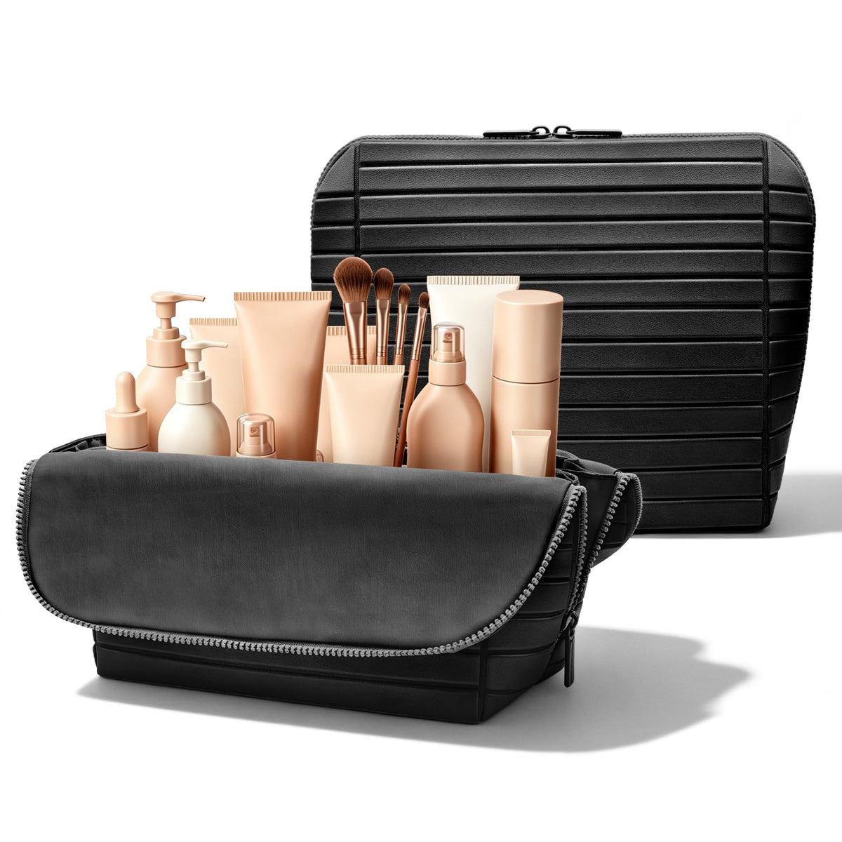 Travel Makeup Organizer Bag with Fold-Down Design and Adjustable Dividers, 27 Pockets & 3 Brush Storage Holders, Large Capacity Cosmetic Bags Toiletry Case - White