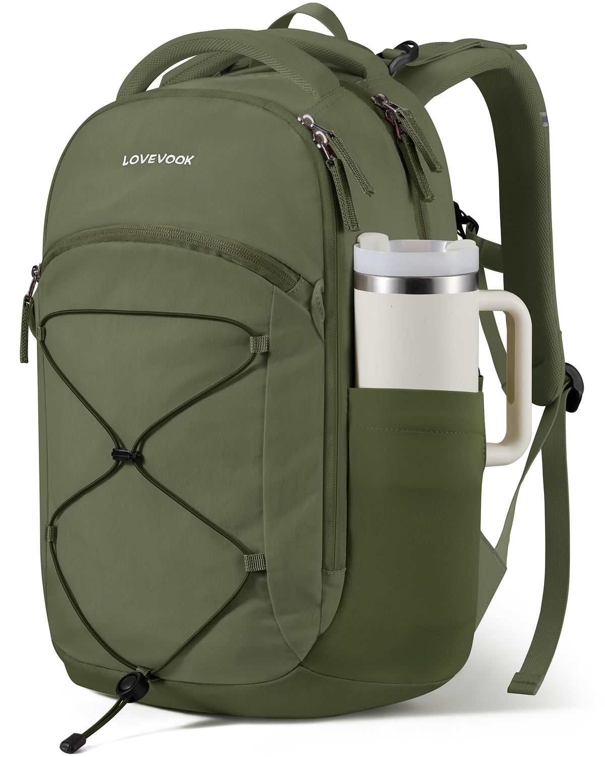 LOVEVOOK Everyday Laptop Backpack for Women & Men With Tumbler Holder,15.6 Inch Classic Travel Work College Teacher Carry on Backpack Purse,Waterproof Computer laptop Bag Hiking Backpack,Beige-Green