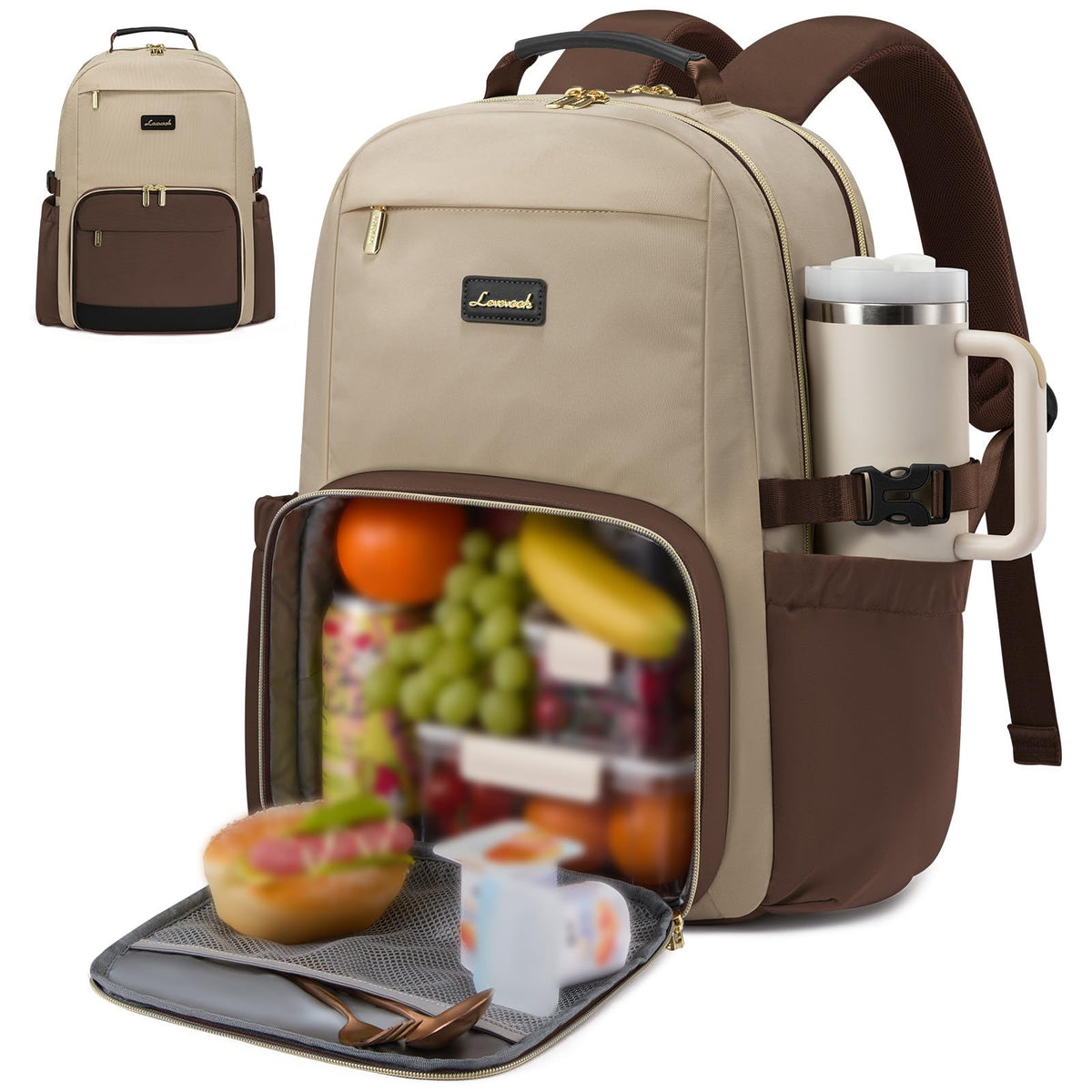 LOVEVOOK Laptop Backpack for Women with Pouch Pocket for Large Capacity Cup,15.6 Inch Laptop Computer Bag Travel Backpack Purse,Waterproof Work Business Backpack College Teacher Bags,Beige-Black-Brown
