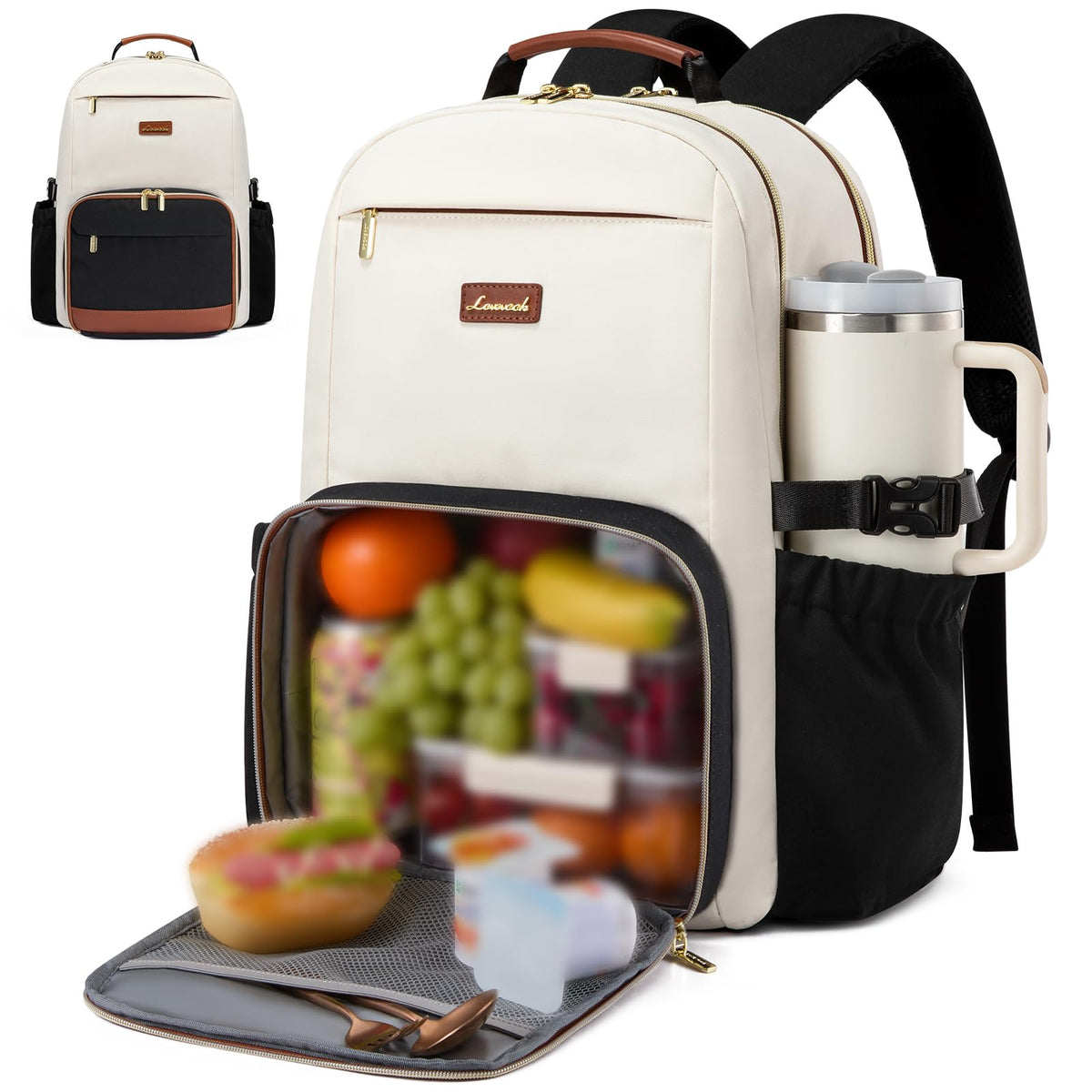 LOVEVOOK Laptop Backpack for Women with Pouch Pocket for Large Capacity Cup,15.6 Inch Laptop Computer Bag Travel Backpack Purse,Waterproof Work Business Backpack College Teacher Bags,Beige-Black-Brown