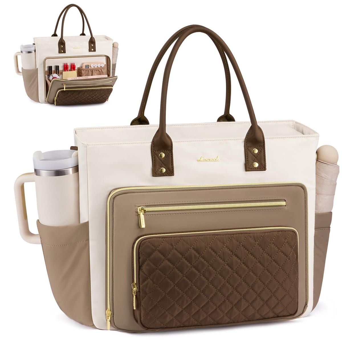LOVEVOOK Teacher Tote Bag for Women Work, Laptop Bag With Large Cup Holder, Nurse Bags Professional Briefcase Business Computer Purses Bible Handbag Gifts, Black-Beige-Brown, 15.6 Inch