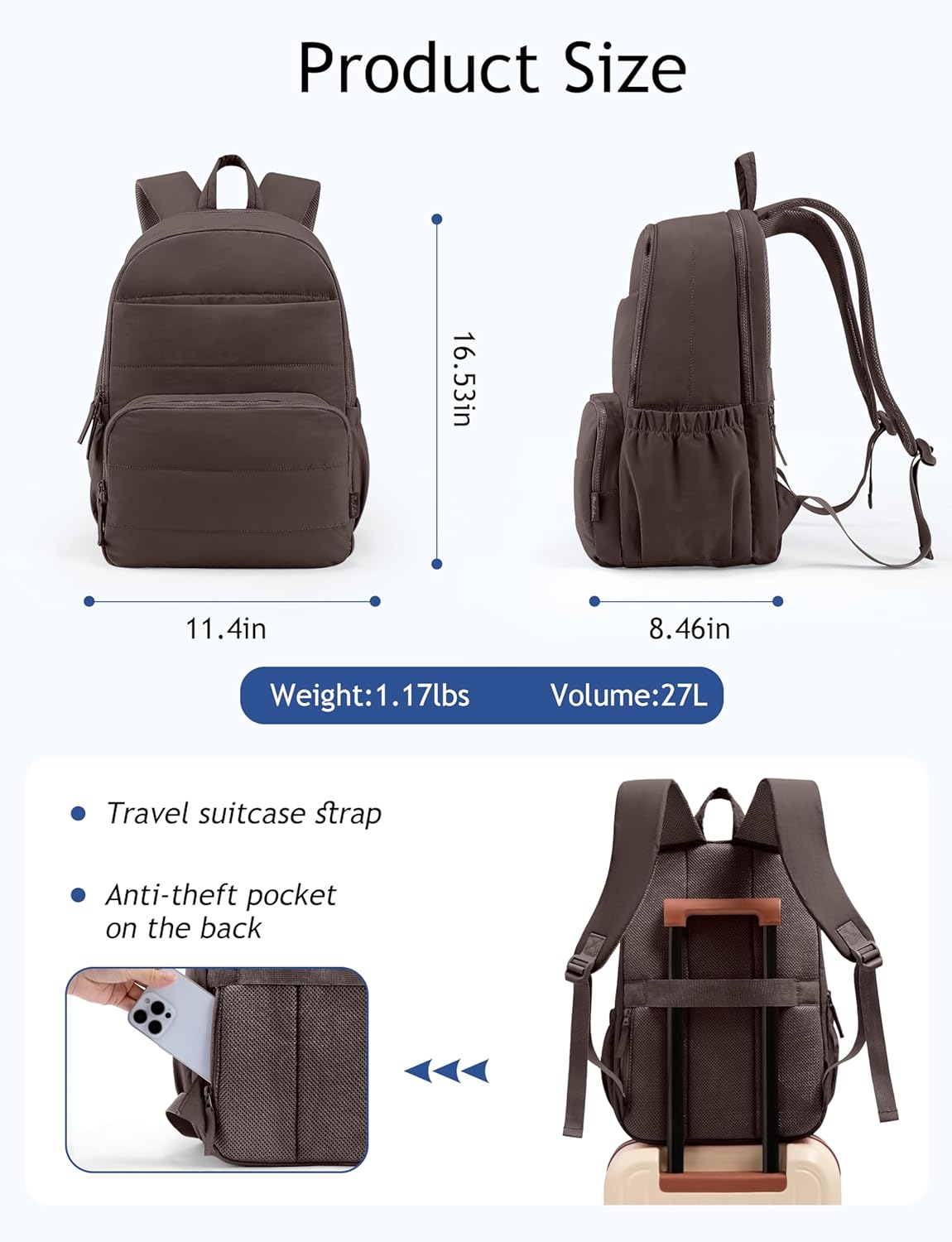 Uselike Travel Backpack for Women, 15.6 Inch Laptop Backpack, Quilted College Bookbag, Cute Work Backpacks, Water Resistant (Dark Brown)