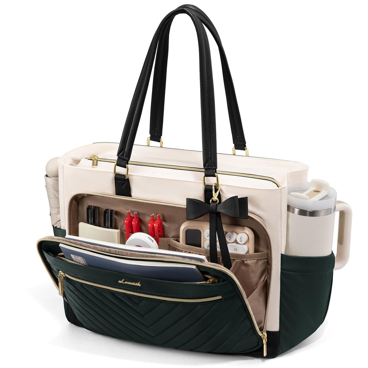 LOVEVOOK Teacher Tote Bag for Women, Work Laptop Bag Gift with Large Cup Holder, Quilted Nurse Bag Diaper Tote with Multi-Pockets, Large Computer Handbag Purse for Bussiness Travel, Office, College