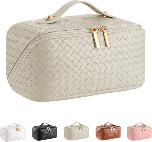 ALEXTINA Travel Makeup Bag, Woven PU Leather Cosmetic Bag, Khaki