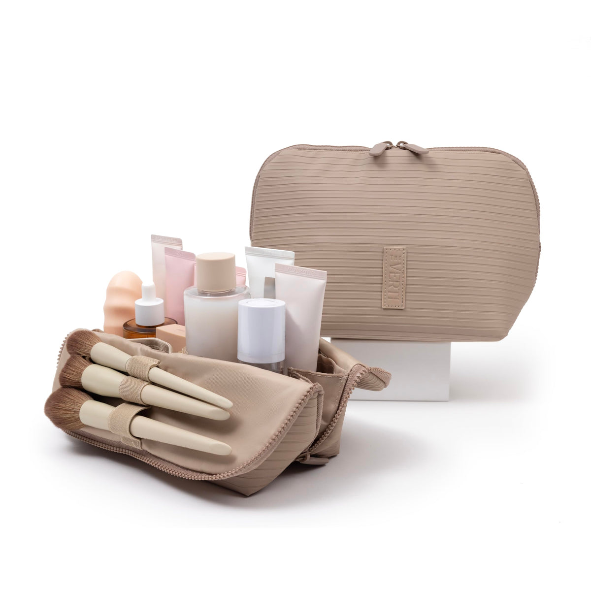 THE VERTI-Vertical Waterproof Makeup & Toiletry Bag | 23-Pocket Organizer with Upright, Fold-Down Design for Skincare, Toiletries & Essentials (Sandstone)