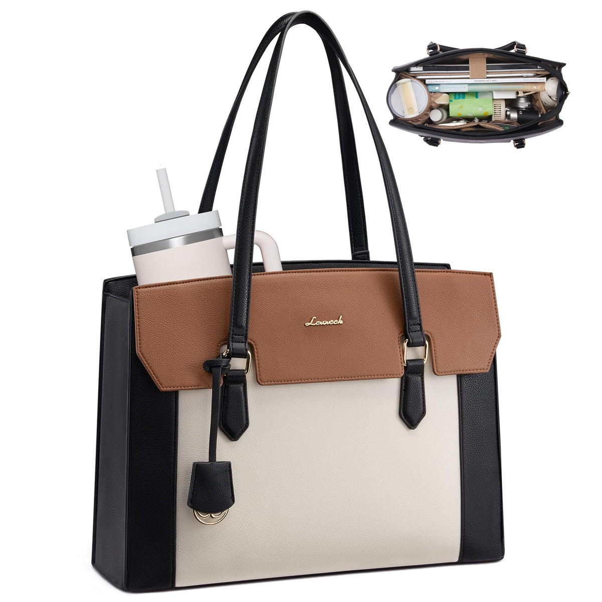 LOVEVOOK Laptop Tote Bag for Women,Computer Work Bag With Large Cup Holder,15.6 Inch Waterproof PU Leather Purse Briefcase for Teacher