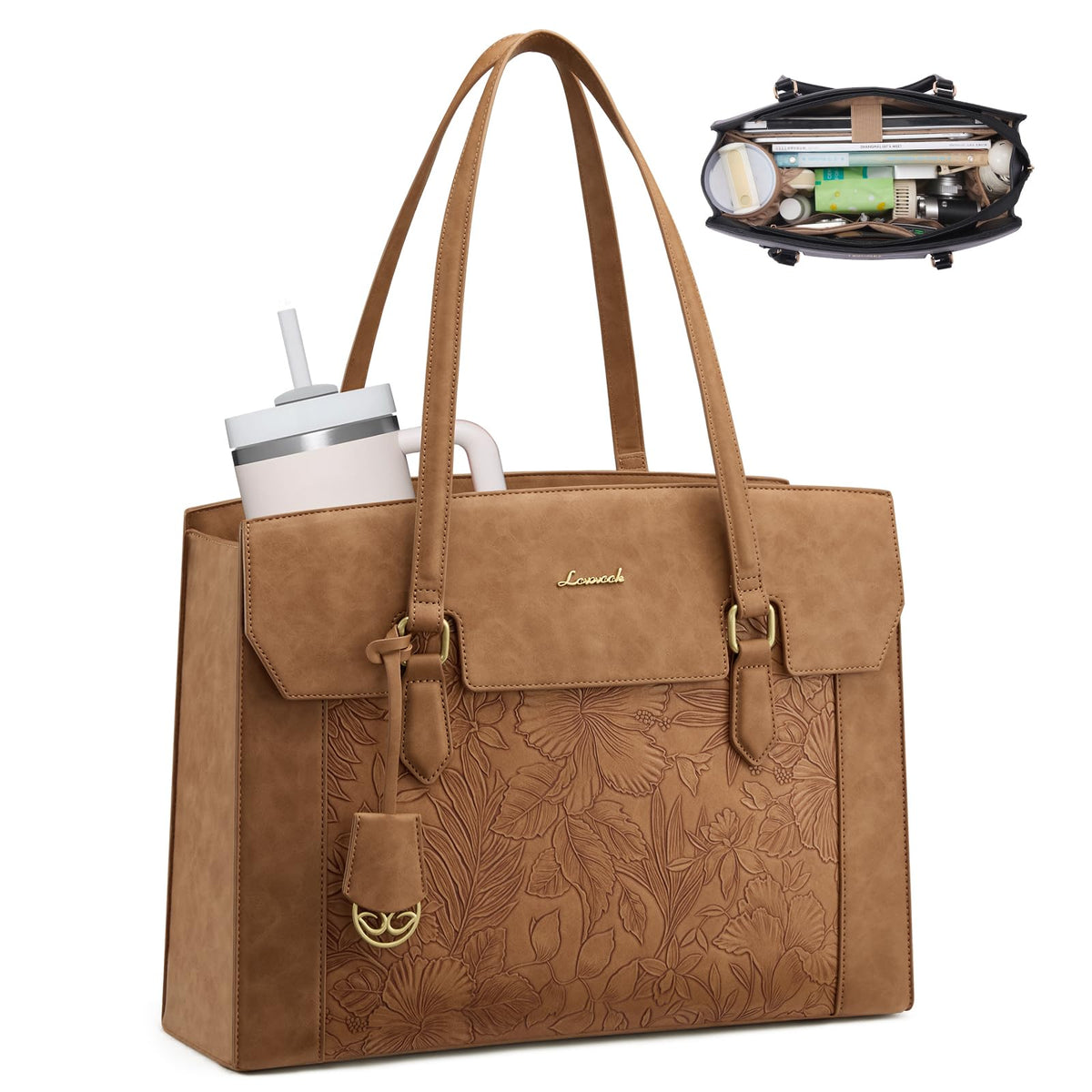 LOVEVOOK Laptop Tote Bag for Women,Computer Work Bag With Large Cup Holder,15.6 Inch Waterproof PU Leather Purse Briefcase for Teacher