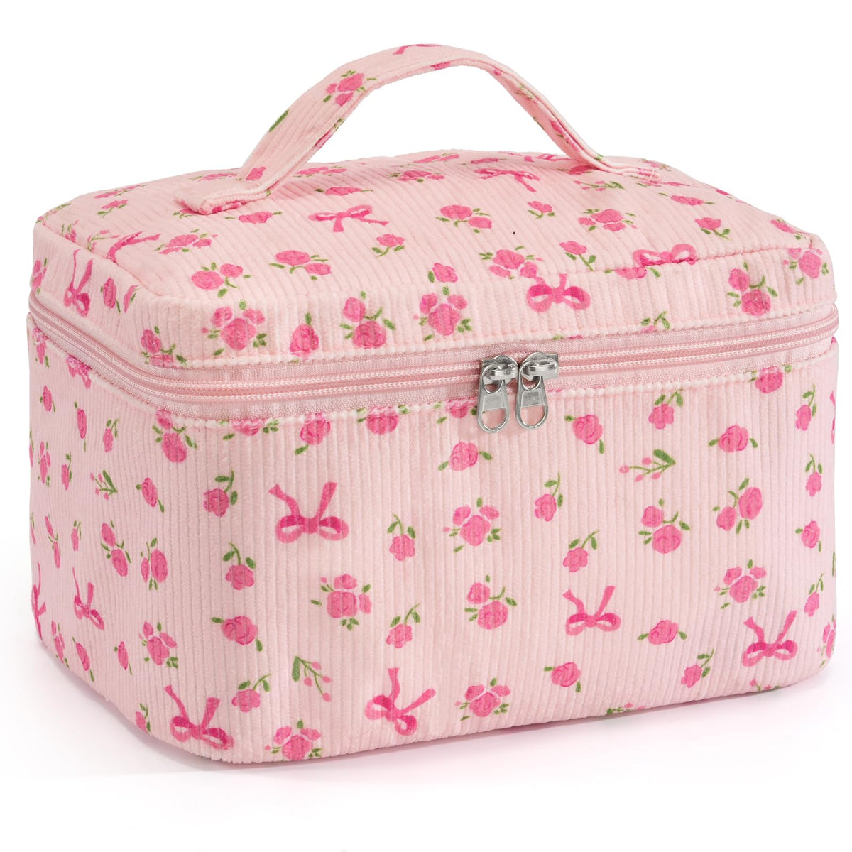 Makeup Bag for Women 3PCS Quilted Cotton Make Up Bag Travel Cosmetic Bag Large Makeup Bag Set Cute Makeups Organizer Floral Toiletry Pouch for Purse, Pink Floral D