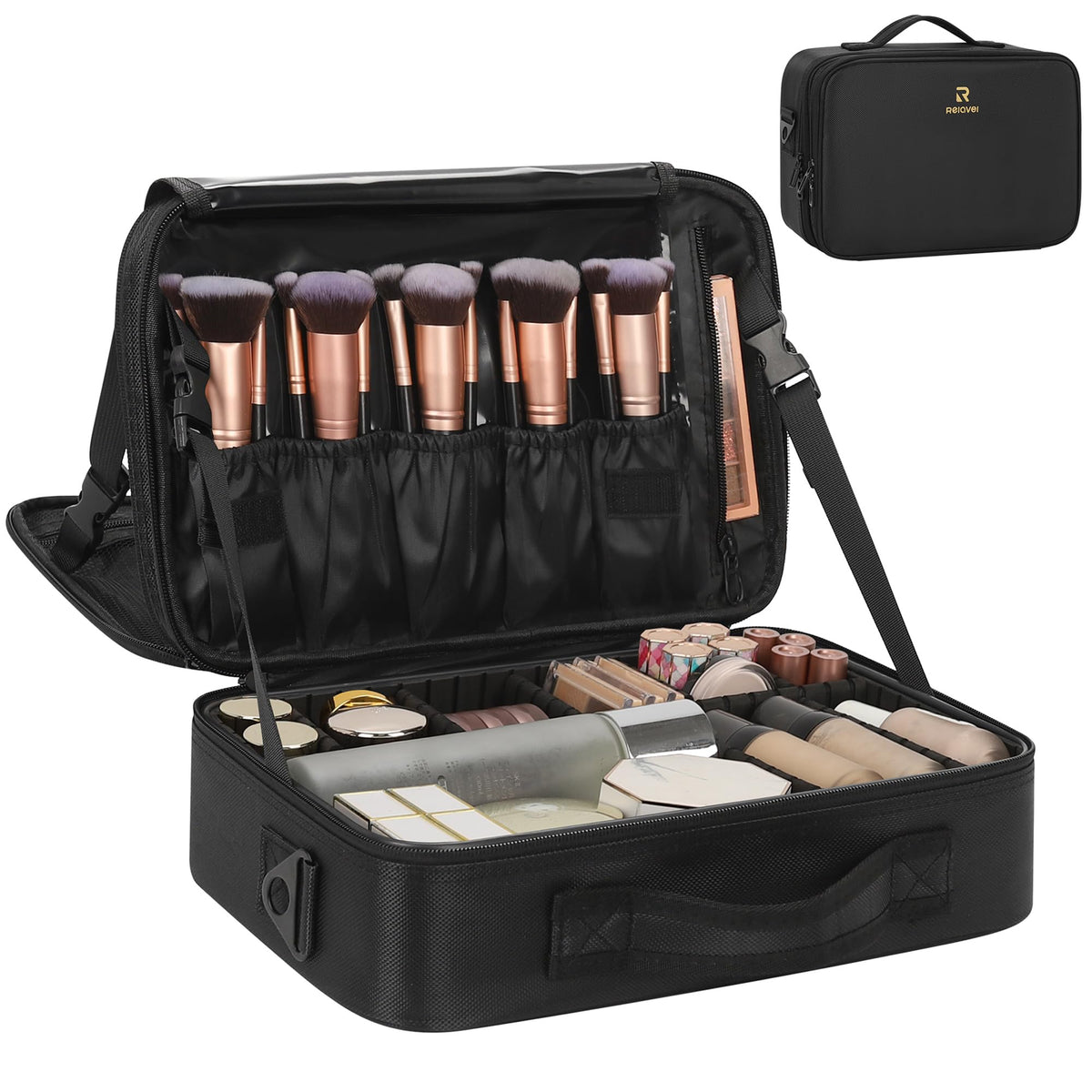 Relavel Extra Large Makeup Case, Makeup Artist Set Bag Professional Cosmetic Organizer Bag Storage Box with Makeup Brush Holder, Adjustable Dividers and Shoulder Strap, Black