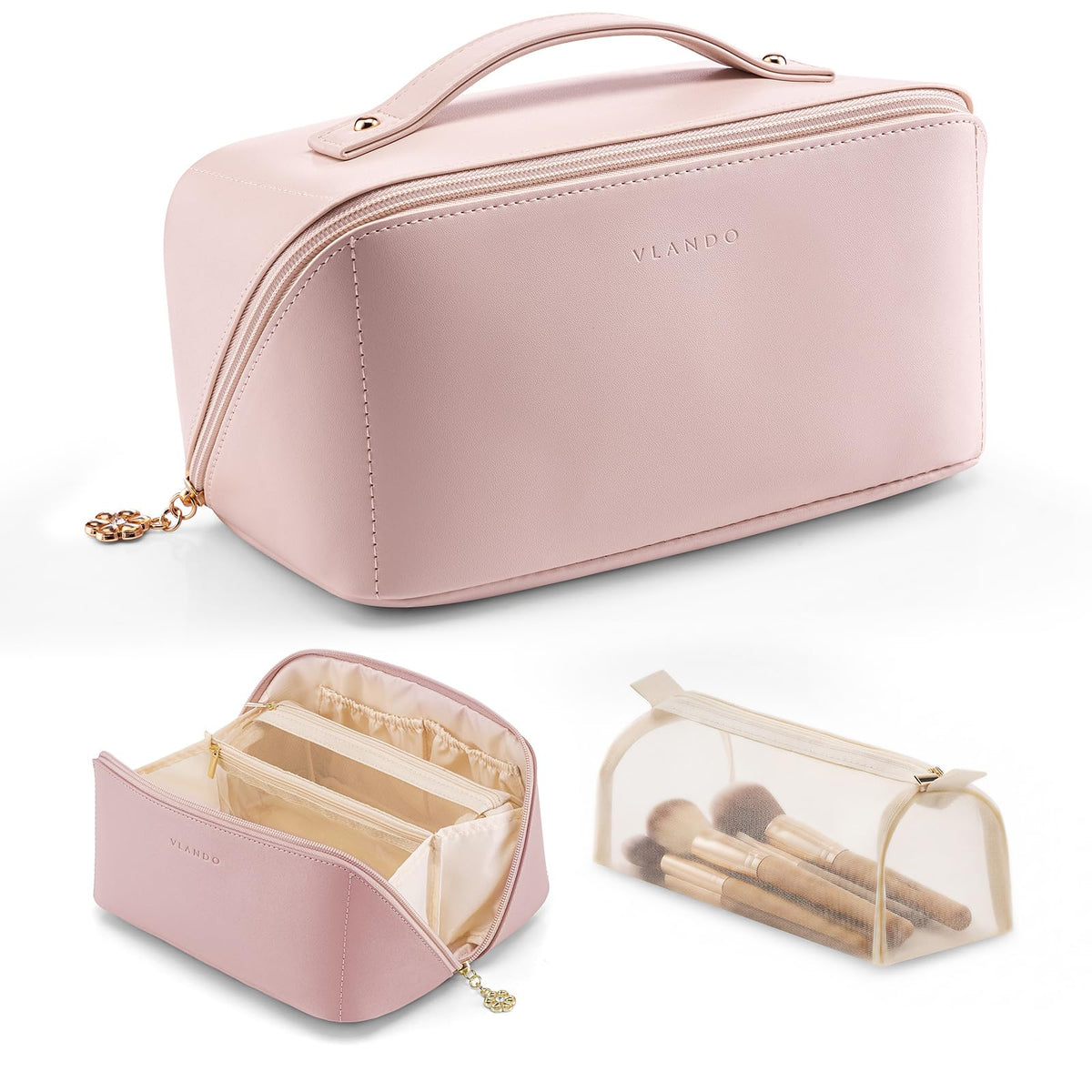 VLANDO Travel Makeup Bag with 180°Opening, Women Toiletry Case,Toffee