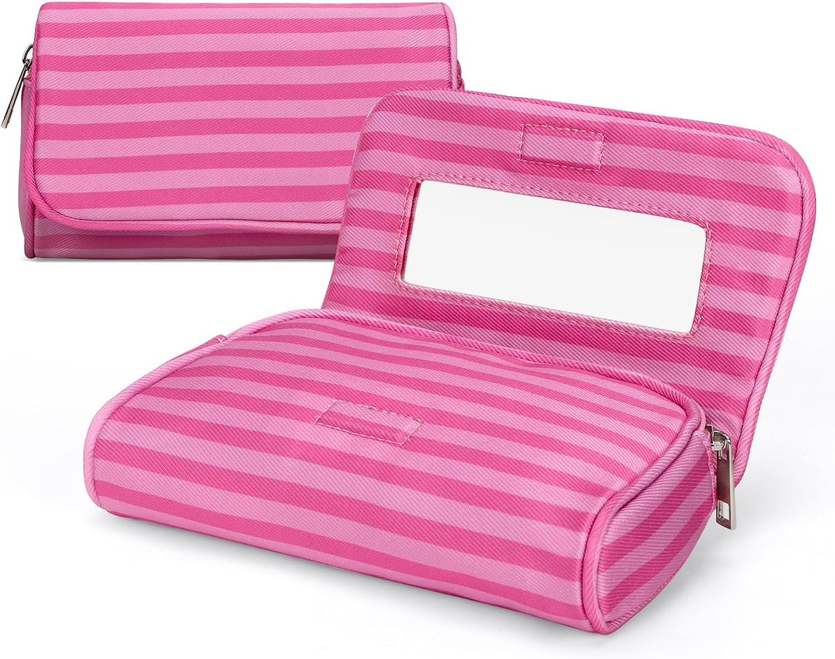 Women’s Cute Nylon Makeup Bag with Built-in Mirror, Protable Lightweight Cosmetic Bag, Trendy Toiletry Bag for Travel (Pink Stripe)