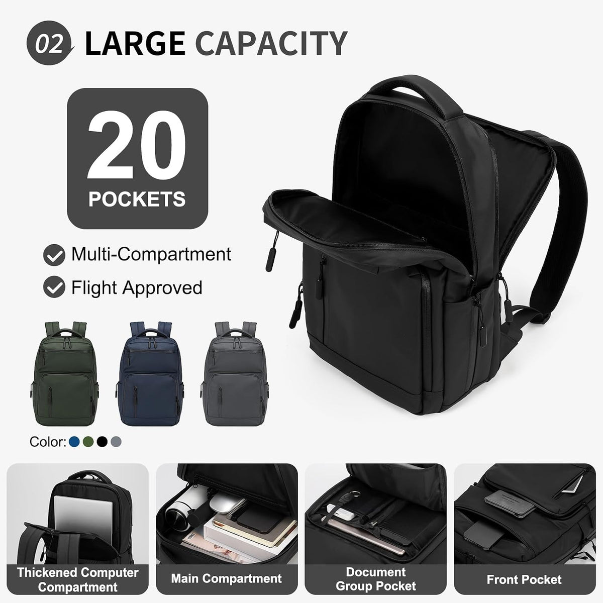 20L 15.6 Inch Laptop Backpack Anti Theft Flight Approved Black