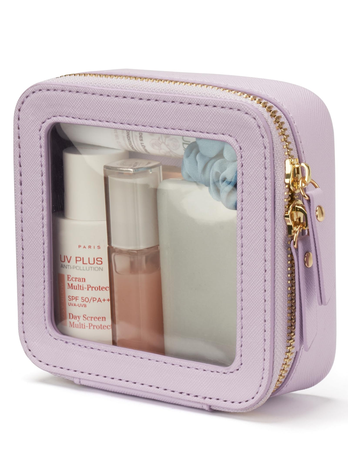 Popvibe Clear Makeup Bag Travel Cosmetic Case Transparent Toiletry Bag with Zipper, Portable Make Up Organizer Traveling Compact Car Bag for Essentials, Gold, Large