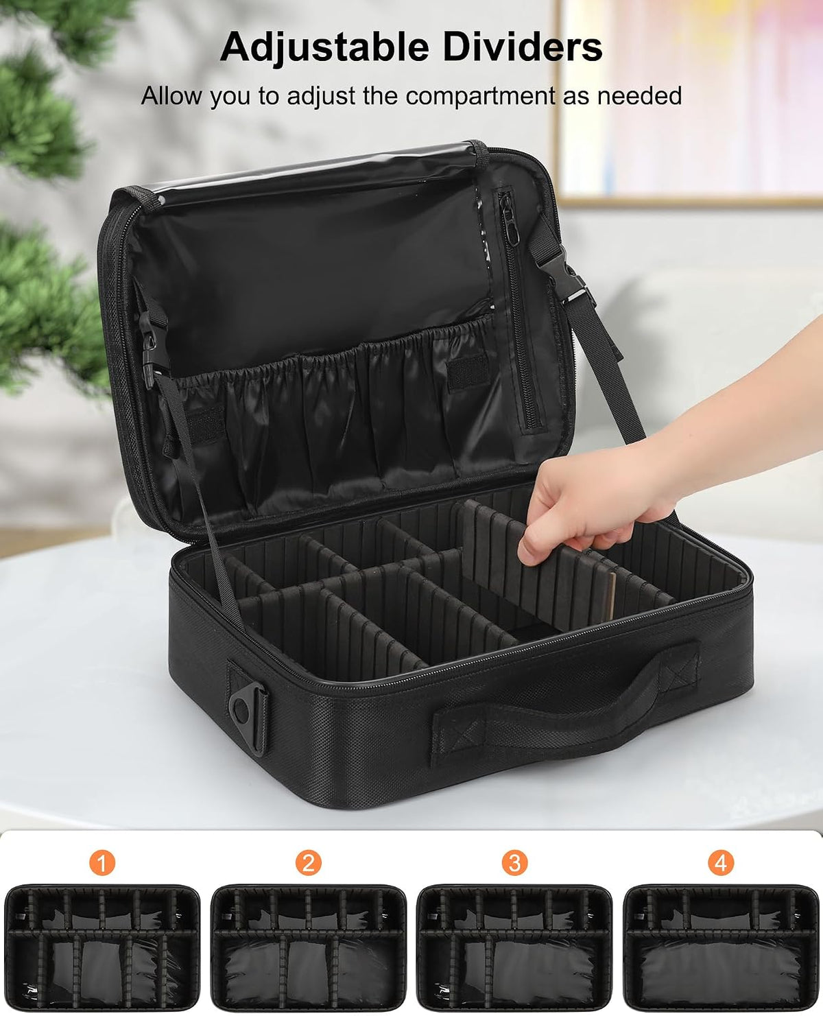 Relavel Makeup Bag Travel Makeup Train Case Large Cosmetic Case Professional Portable Makeup Brush Holder Organizer and Storage with Adjustable Dividers and Shoulder Strap Black