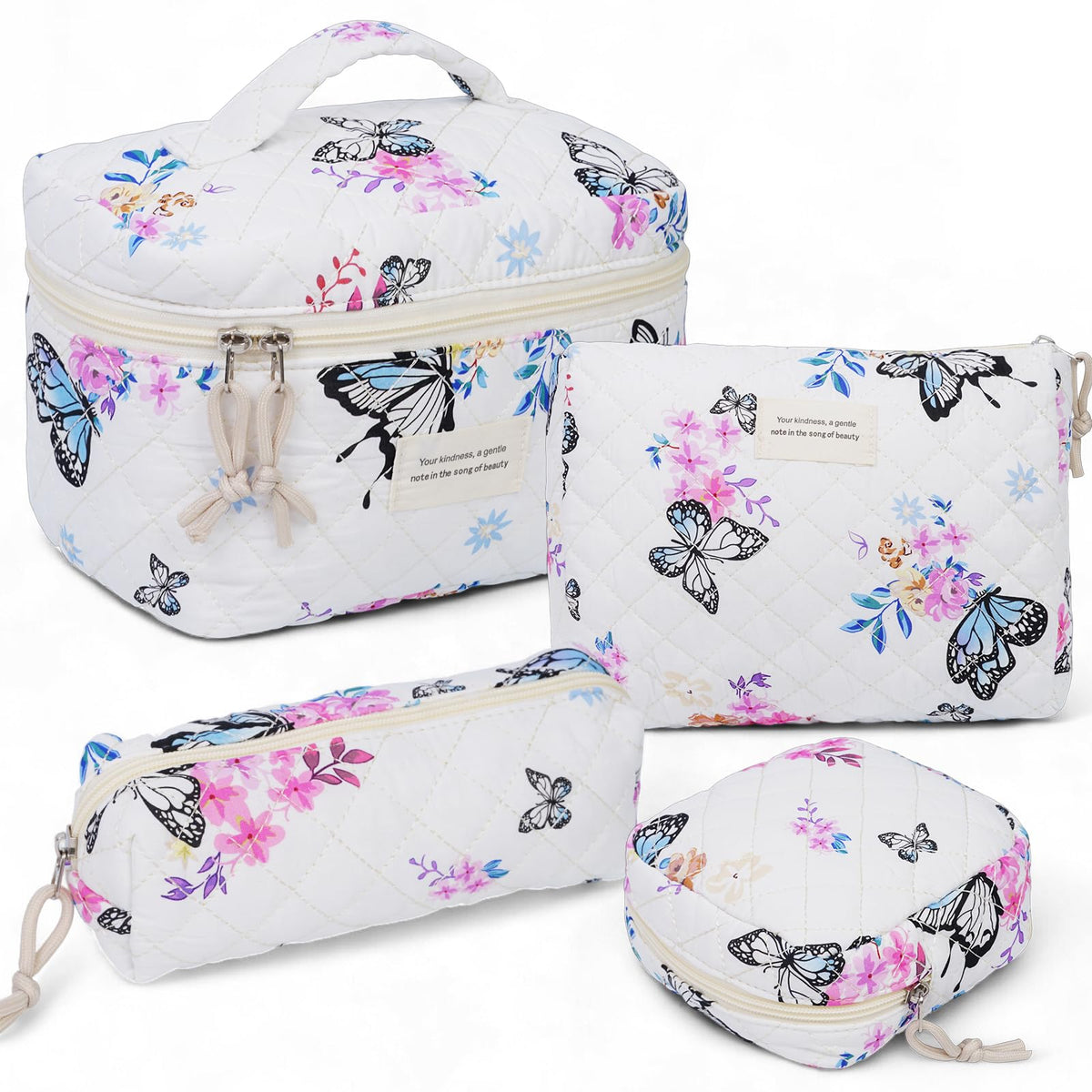 VIWIME Makeup Cosmetic Bag, Large Cotton Quilted Travel Coquette Aesthetic Cute Floral Make up Bag for Women Toiletry Bag Organizer (203- Blue Rose / 4Pcs)