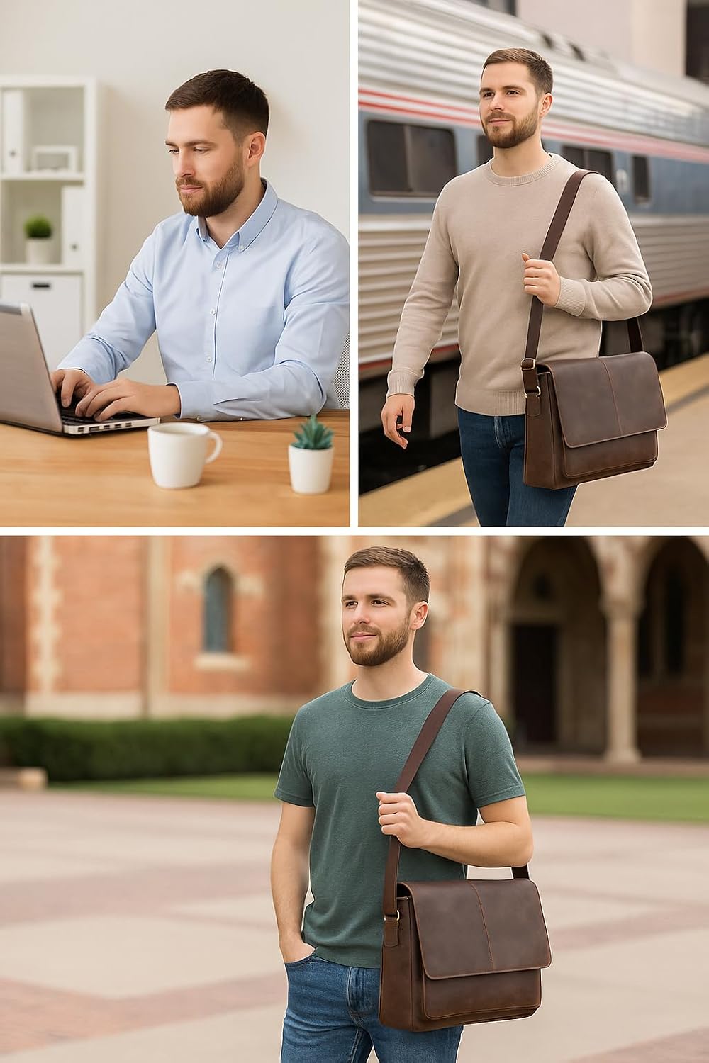 Leather Laptop Messenger Bag for Men and Women - Briefcase Crossbody Office
