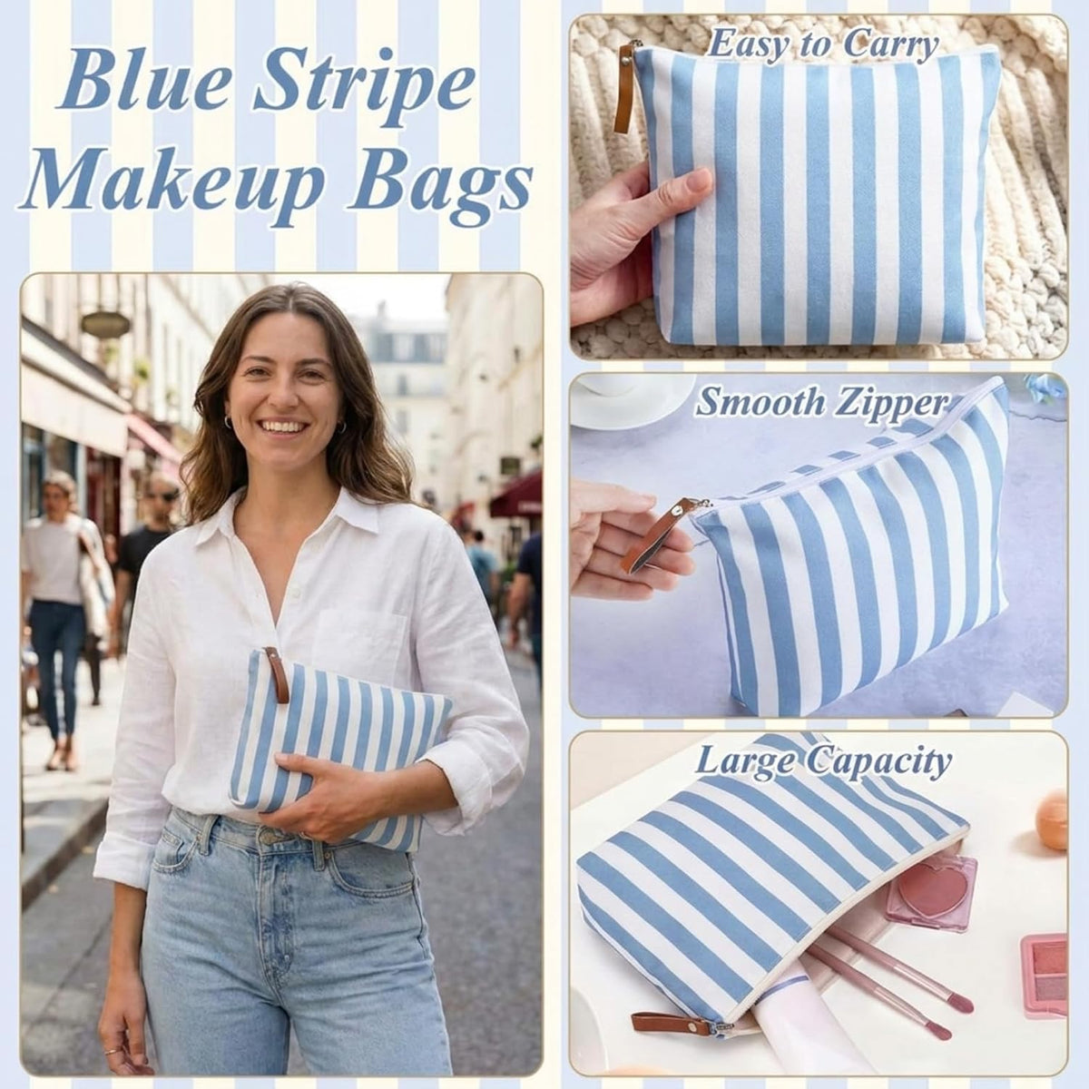 Hillban 12 Pcs Blue Striped Makeup Bags Bulk