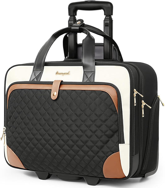 Arcoyard Rolling Laptop Bag, Rolling Briefcase for Women with Waterproof Pocket, 17 Inch Computer Bag, Underseat Carry On Luggage with Wheels for Work Travel Business, Lightweight Beige Brown