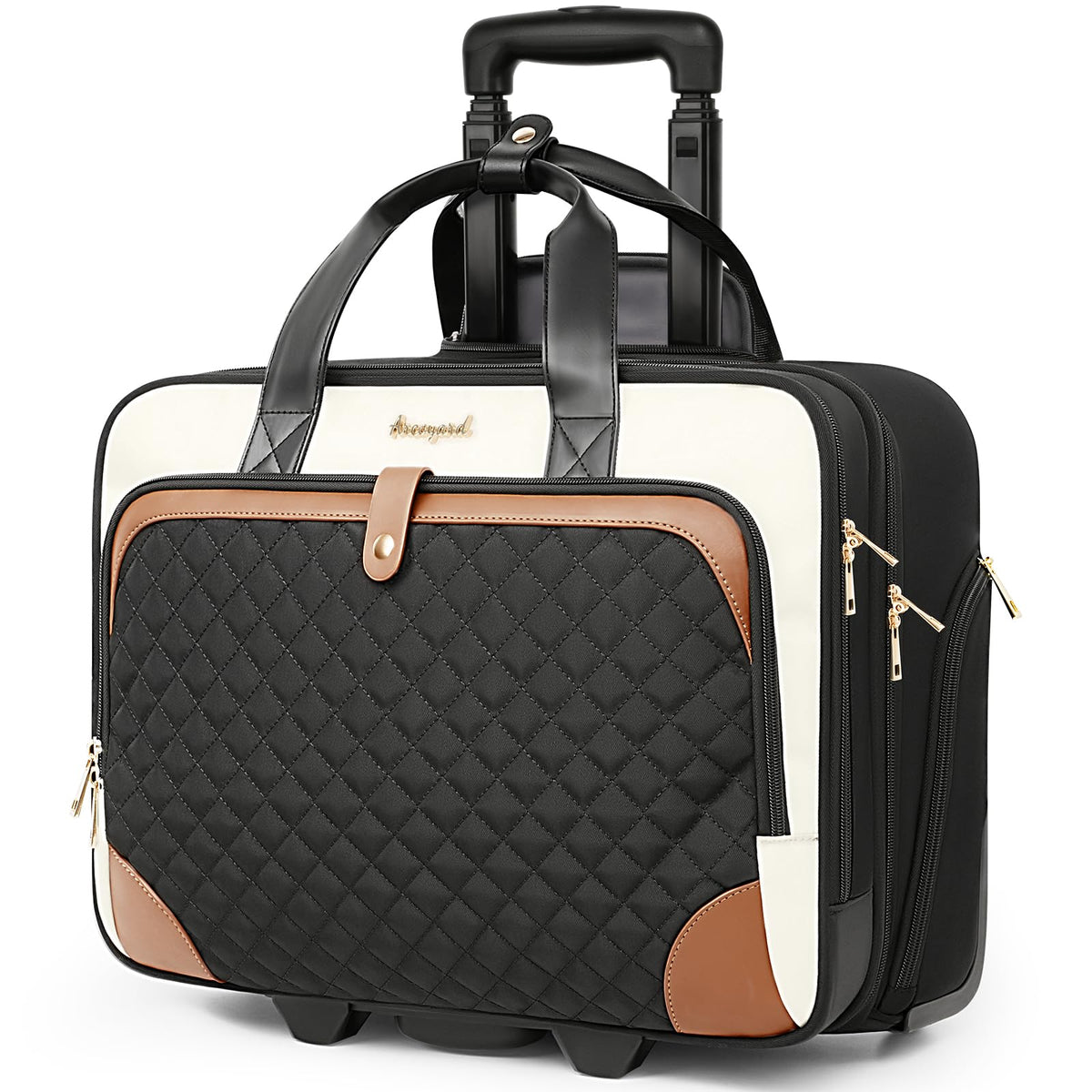 Arcoyard Rolling Laptop Bag, Rolling Briefcase for Women with Waterproof Pocket, 17 Inch Computer Bag, Underseat Carry On Luggage with Wheels for Work Travel Business, Lightweight Beige Brown