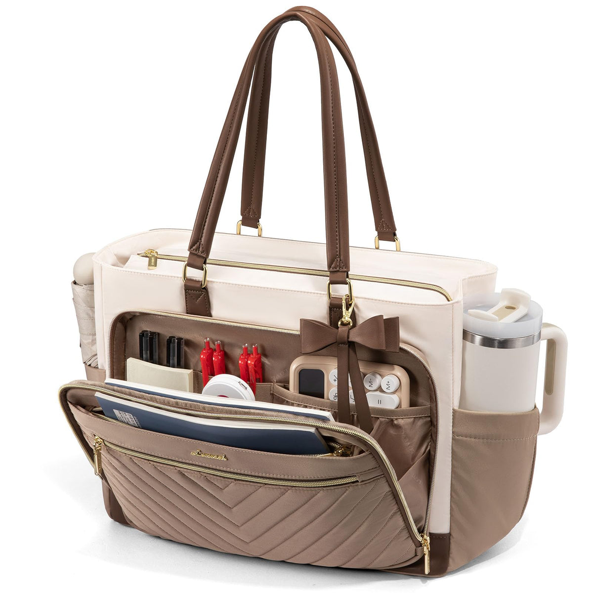 LOVEVOOK Teacher Tote Bag for Women, Work Laptop Bag Gift with Large Cup Holder, Quilted Nurse Bag Diaper Tote with Multi-Pockets, Large Computer Handbag Purse for Bussiness Travel, Office, College
