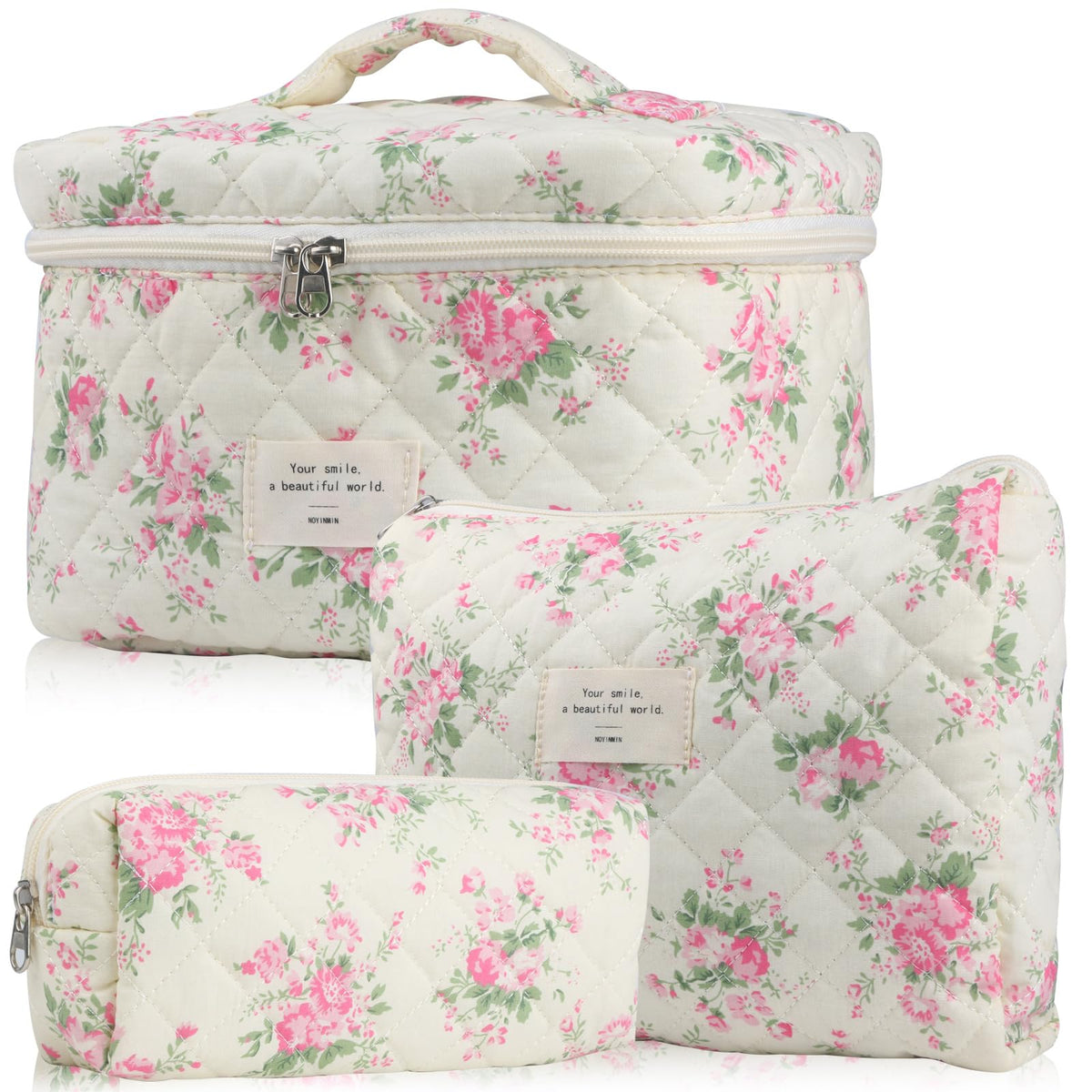 NATINSA Cute Makeup Bag for Women(2 Pcs), Travel Cosmetic Bags, Quilted Coquette Aesthetic Floral Toiletry Organizer Bag (46 - Sky Blue/4Pcs)