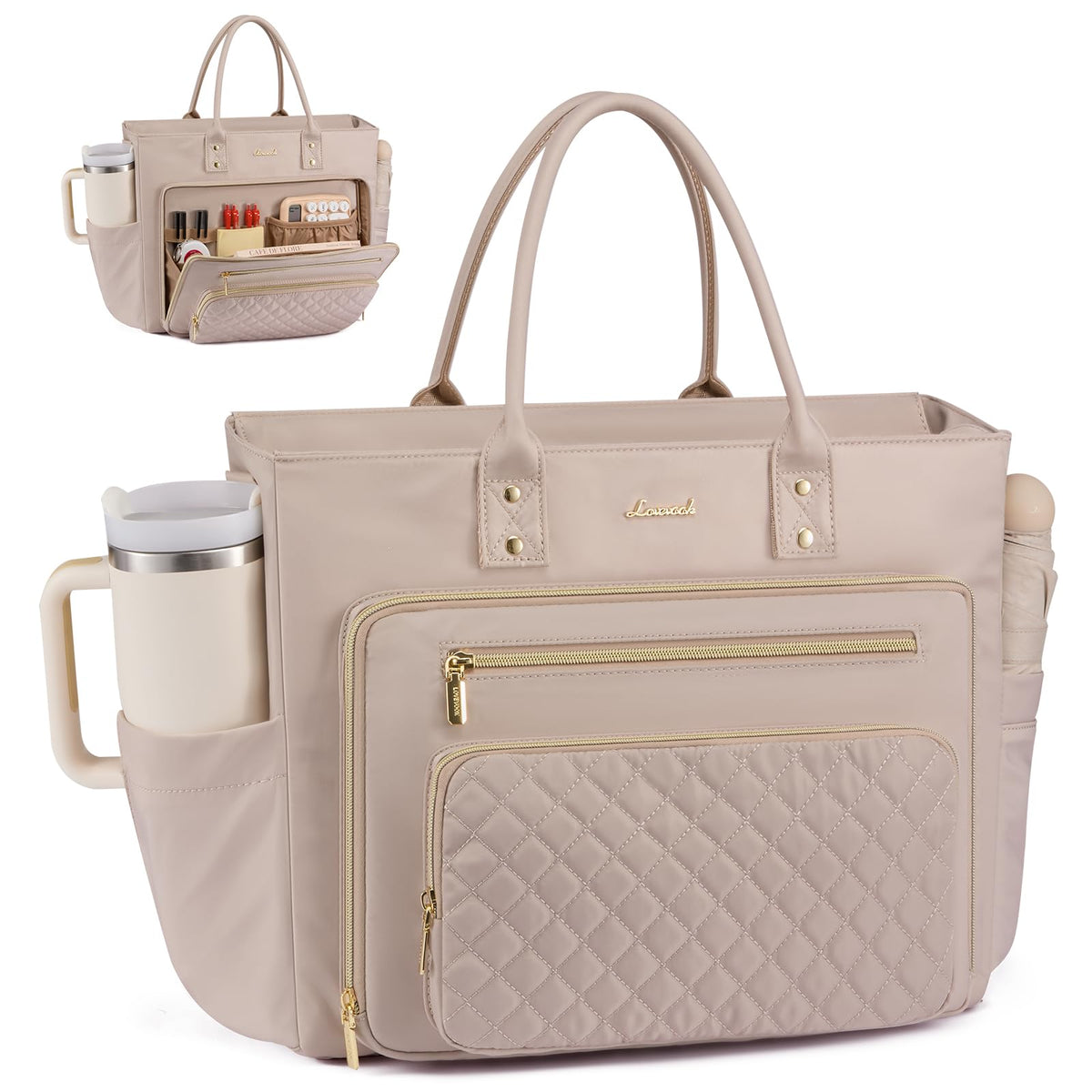 LOVEVOOK Teacher Tote Bag for Women Work, Laptop Bag With Large Cup Holder, Nurse Bags Professional Briefcase Business Computer Purses Bible Handbag Gifts, Black-Beige-Brown, 15.6 Inch