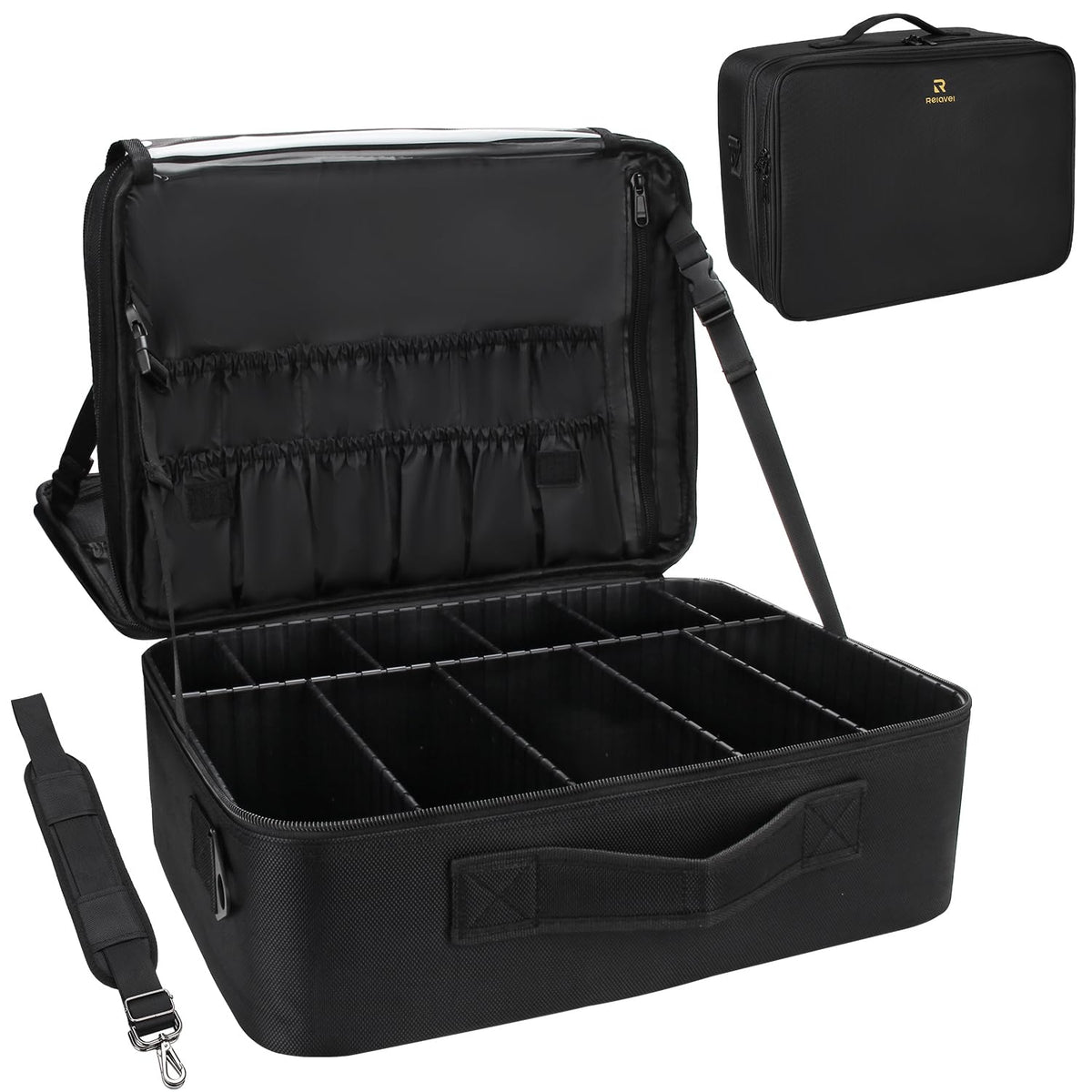 Relavel Makeup Case Large Makeup Bag Professional Train Case 16.5 inches Travel Cosmetic Organizer Brush Holder Waterproof Makeup Artist Storage Box, 3 Layer Large Capacity, with Adjustable Strap