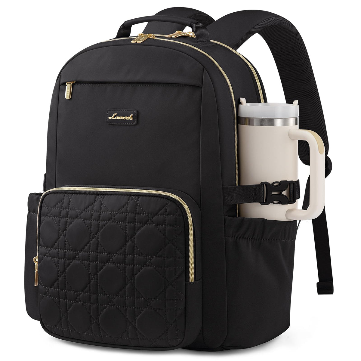 LOVEVOOK Laptop Backpack for Women with Pouch Pocket for Large Capacity Cup,15.6 Inch Laptop Computer Bag Travel Backpack Purse,Waterproof Work Business Backpack College Teacher Bags,Beige-Black-Brown