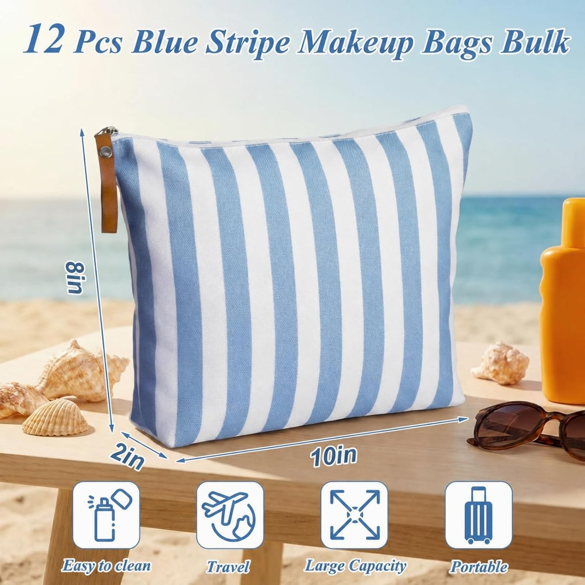 Hillban 12 Pcs Blue Striped Makeup Bags Bulk