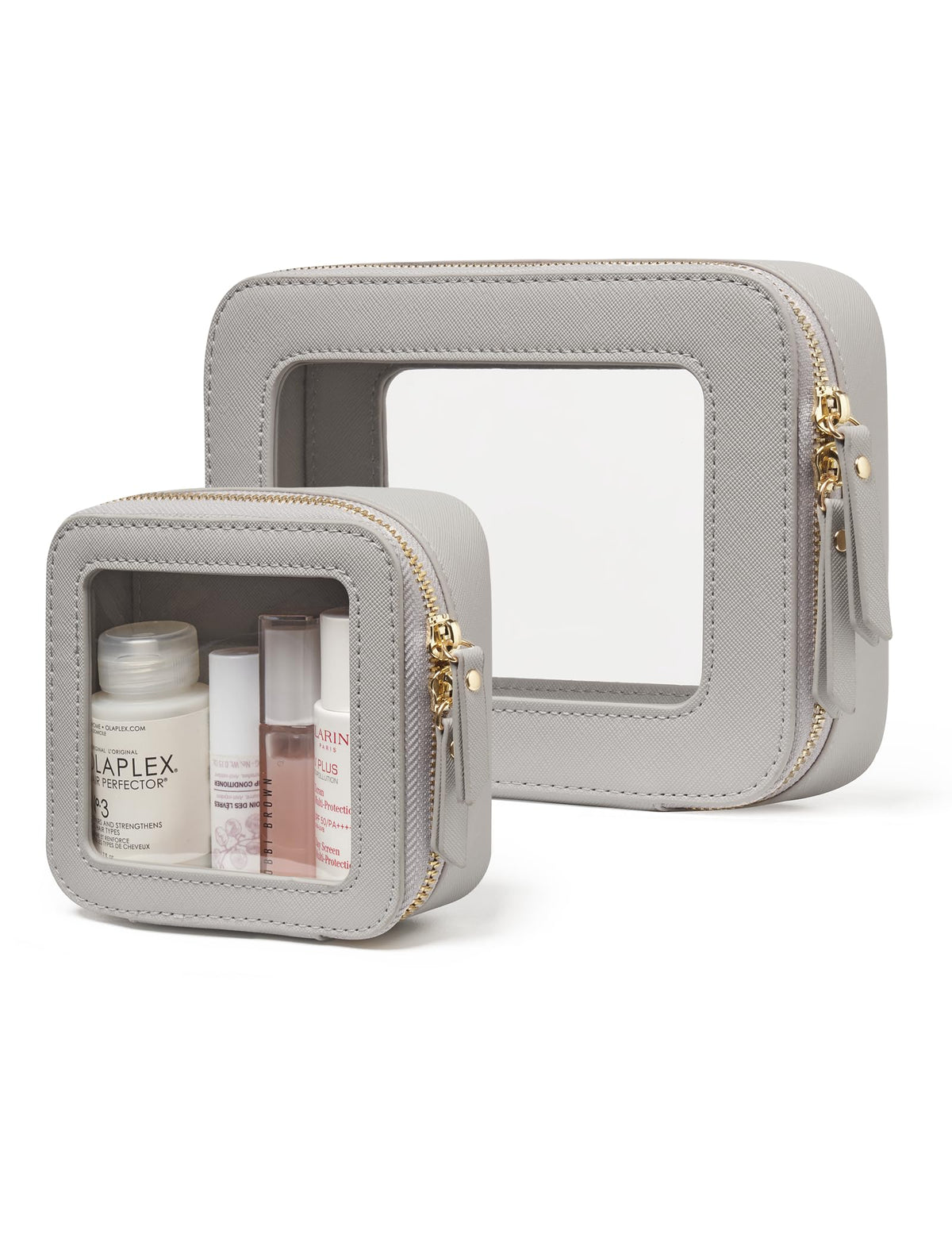 Popvibe Clear Makeup Bag Travel Cosmetic Case Transparent Toiletry Bag with Zipper, Portable Make Up Organizer Traveling Compact Car Bag for Essentials, Gold, Large