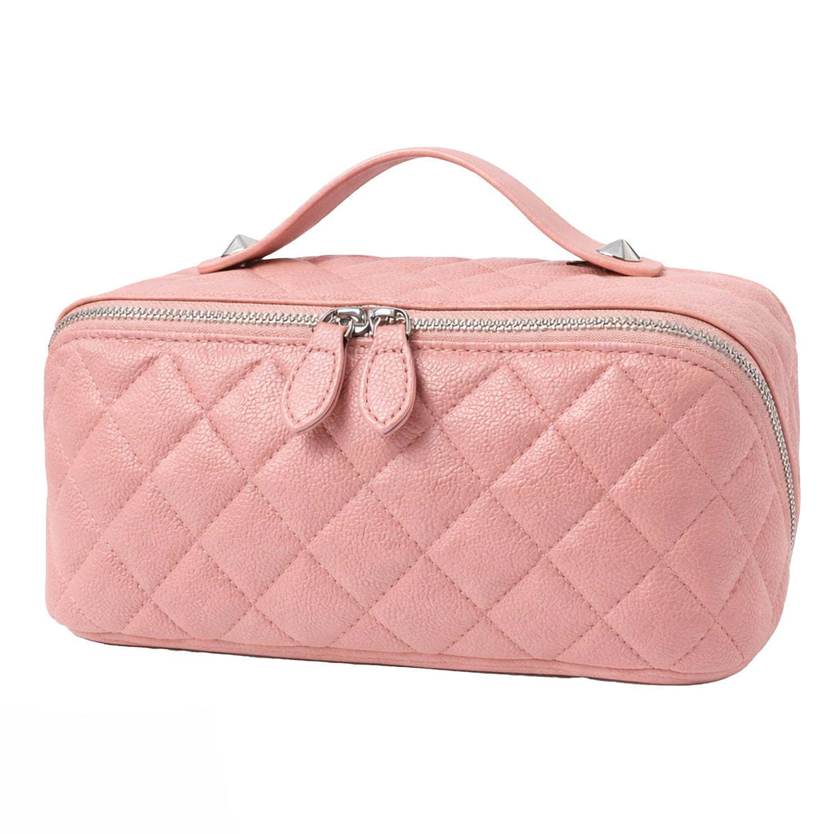 PU Leather Makeup Bag for Women, Structured Makeup Case with Wide Opening, Travel Cosmetic Bag with Compartments and Handle, Water-Resistant Makeup Organizer(Khaki, Lychee Grain)