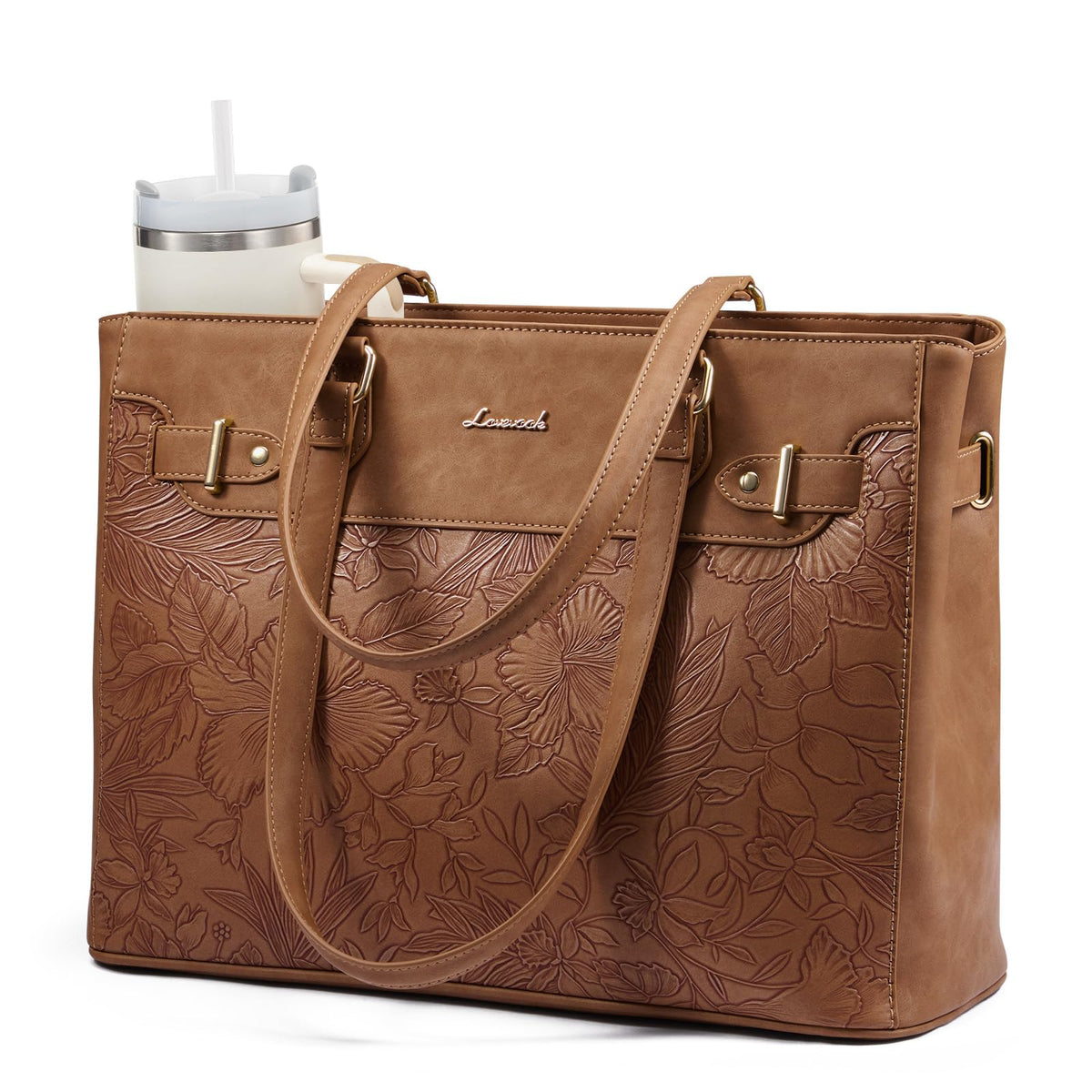 LOVEVOOK Laptop Tote Bag for Women Work, Teacher Tote Bag with Large Cup Holder, Waterproof Leather Computer Bag
