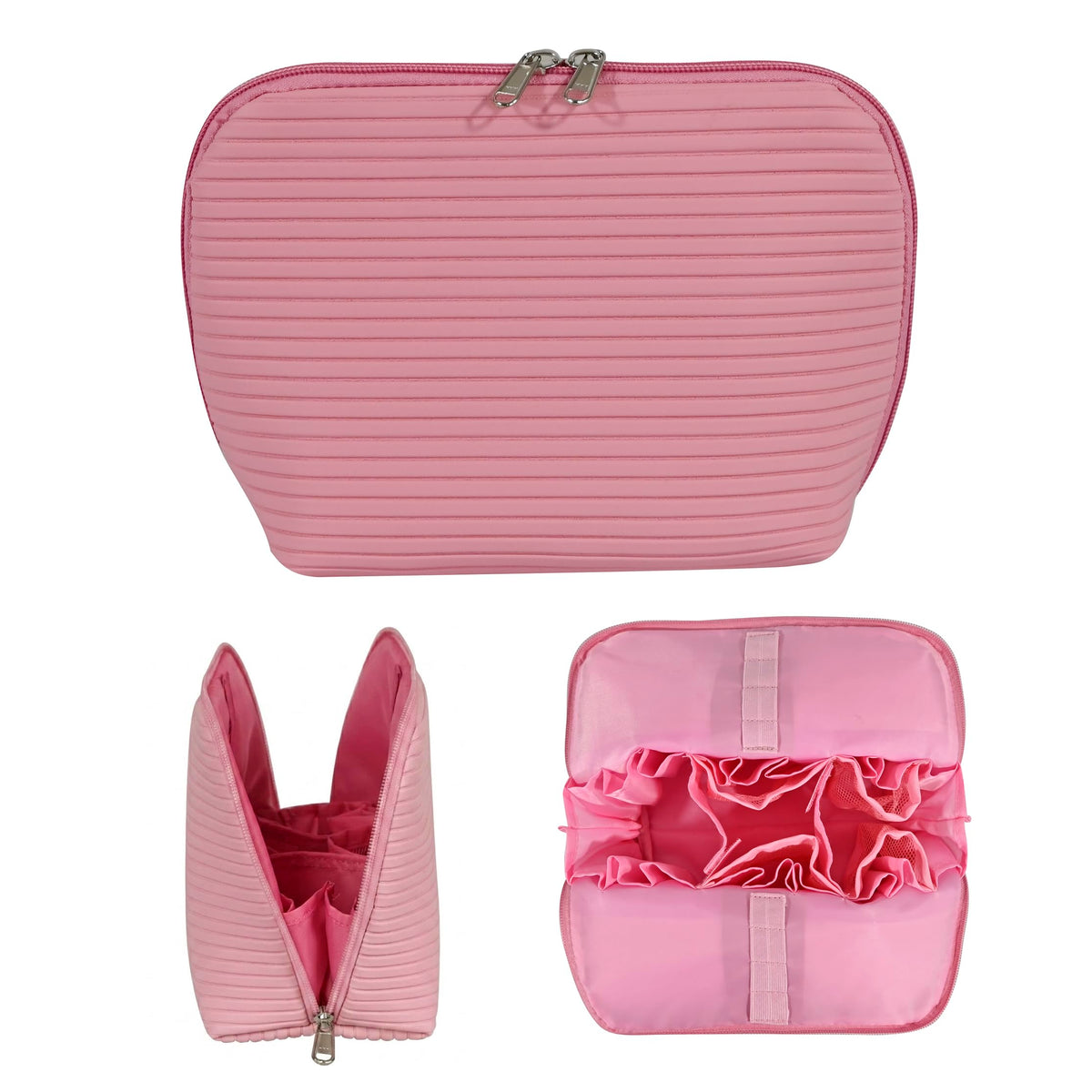 Travel Makeup Bag for Women, Waterproof Stand Up Cosmetic Bag with Brush Holders, Organizer Bag with Compartments, Fold-Down Design for Skincare, Toiletries & Essentials (Camel, Medium)
