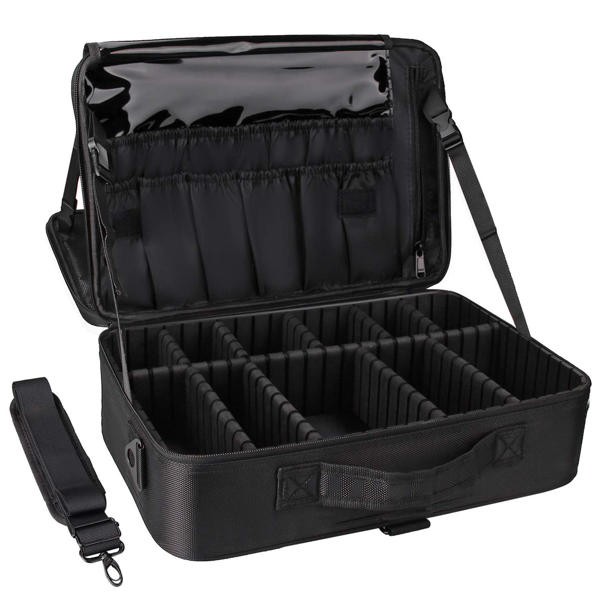 Relavel Extra Large Makeup Case, Makeup Artist Set Bag Professional Cosmetic Organizer Bag Storage Box with Makeup Brush Holder, Adjustable Dividers and Shoulder Strap, Black