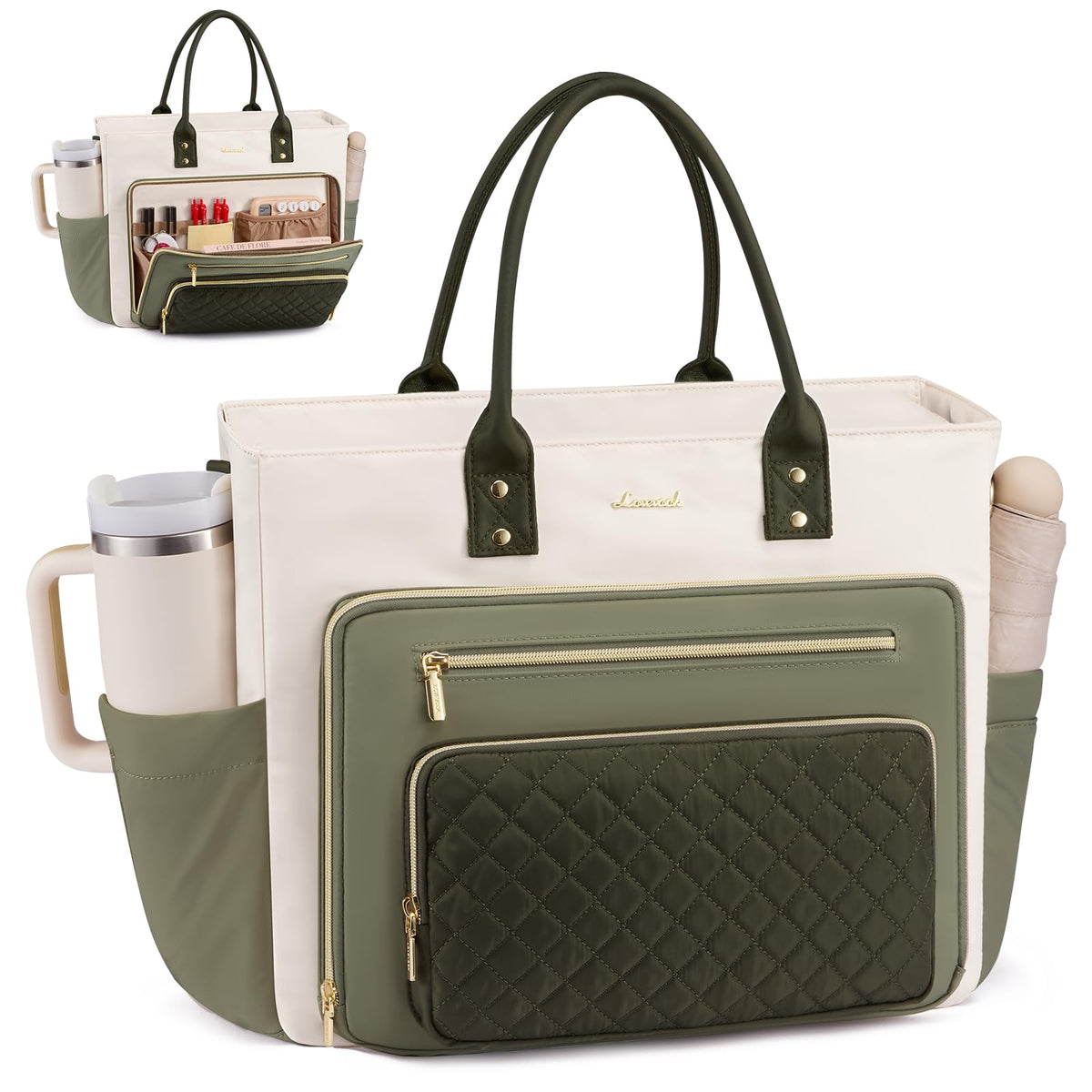 LOVEVOOK Teacher Tote Bag for Women Work, Laptop Bag With Large Cup Holder, Nurse Bags Professional Briefcase Business Computer Purses Bible Handbag Gifts, Black-Beige-Brown, 15.6 Inch