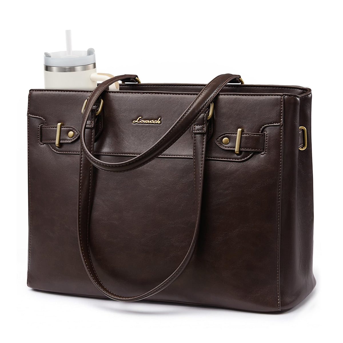 LOVEVOOK Laptop Tote Bag for Women Work, Teacher Tote Bag with Large Cup Holder, Waterproof Leather Computer Bag