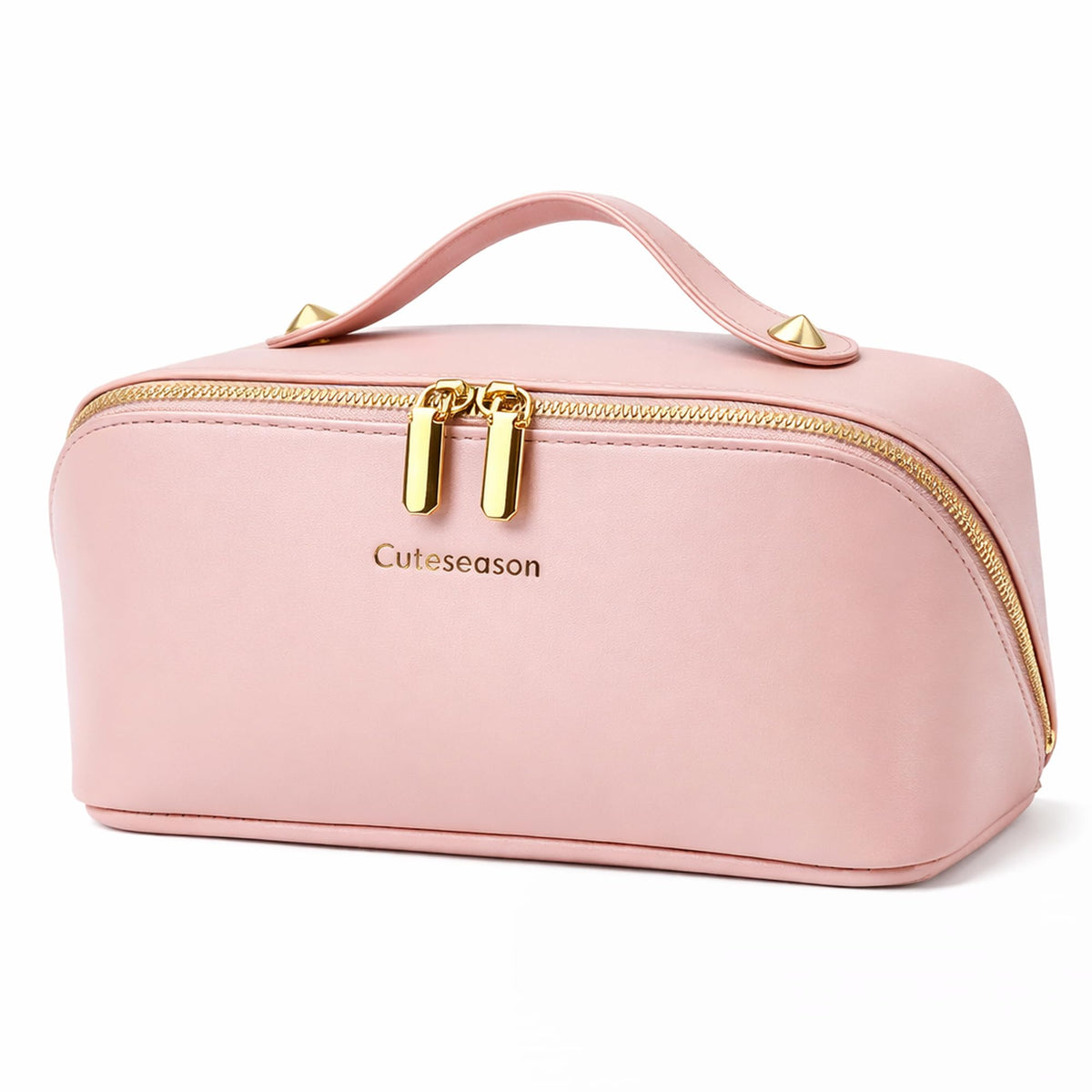 PU Leather Makeup Bag for Women, Structured Makeup Case with Wide Opening, Travel Cosmetic Bag with Compartments and Handle, Water-Resistant Makeup Organizer(Khaki, Lychee Grain)