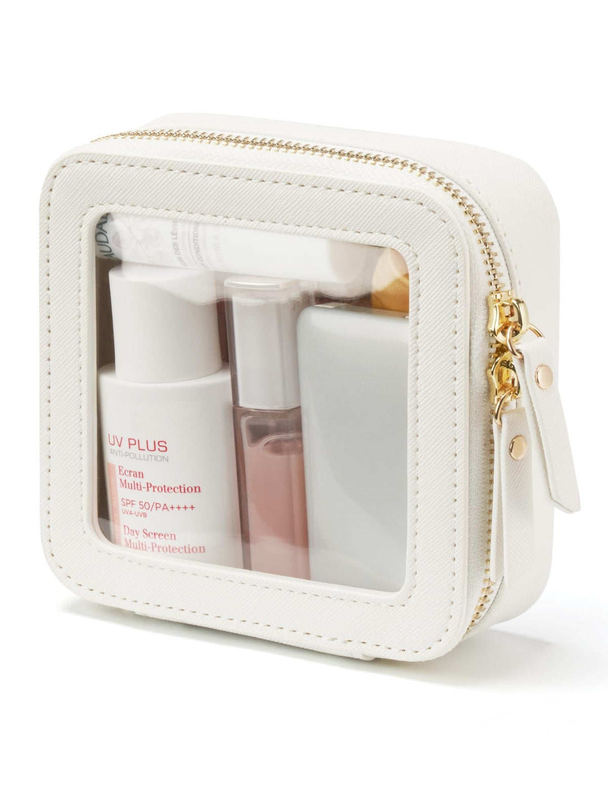 Popvibe Clear Makeup Bag Travel Cosmetic Case Transparent Toiletry Bag with Zipper, Portable Make Up Organizer Traveling Compact Car Bag for Essentials, Gold, Large