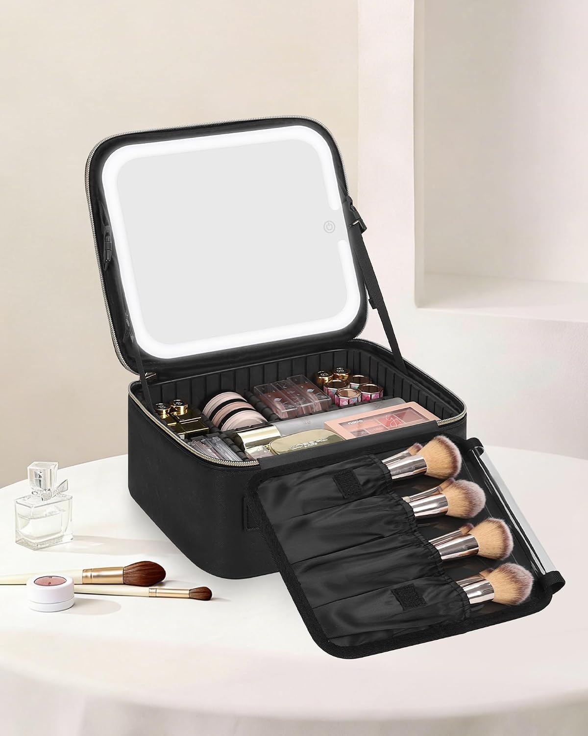 Chomeiu Makeup Bag with LED Mirror, Cosmetic Travel Bag for Women, Black