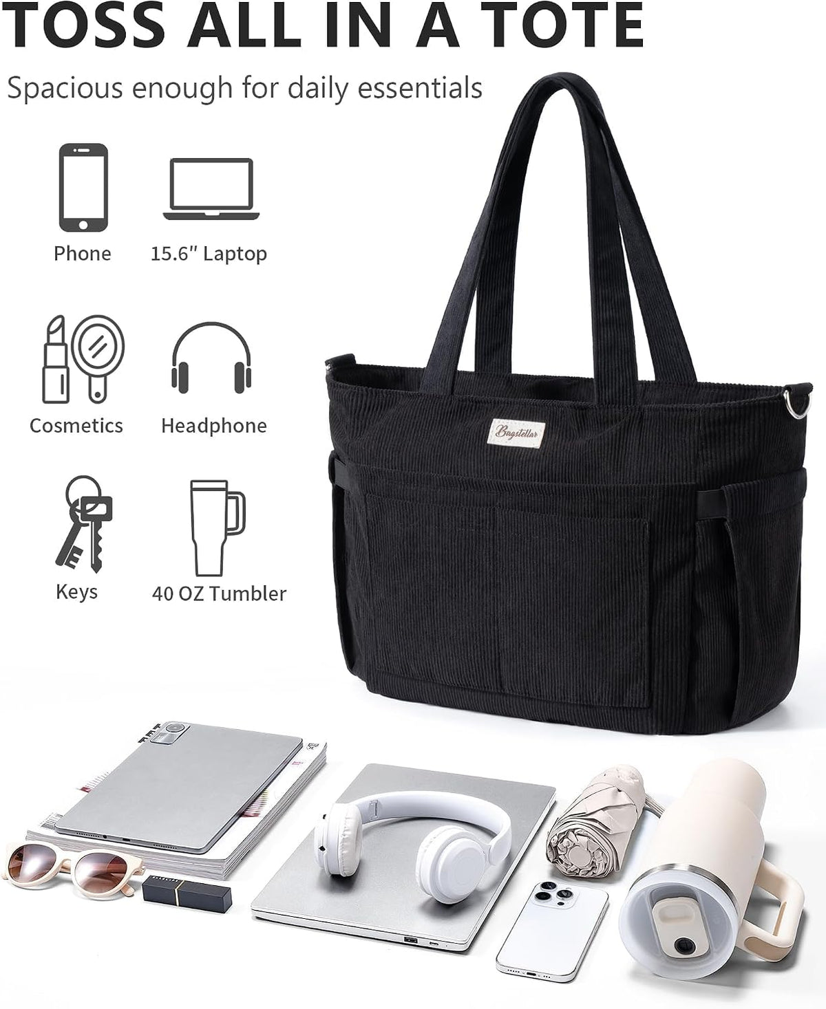 Bagstellar Corduroy Tote Bag for Women, 17 Pockets Laptop Work Tote Purse