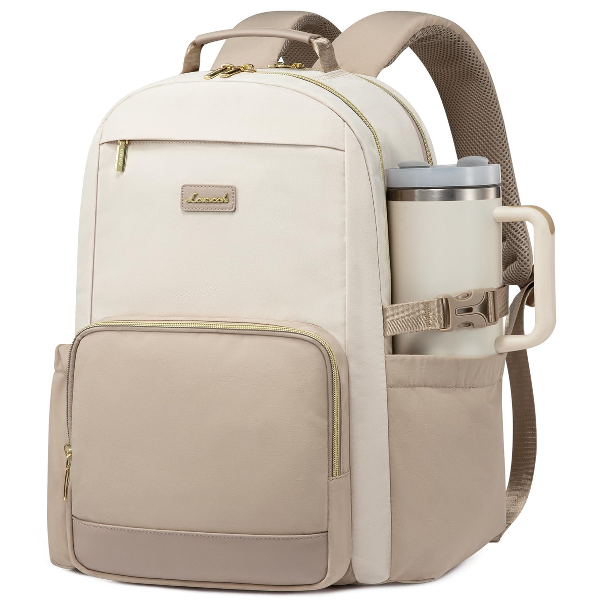 LOVEVOOK Laptop Backpack for Women with Pouch Pocket for Large Capacity Cup,15.6 Inch Laptop Computer Bag Travel Backpack Purse,Waterproof Work Business Backpack College Teacher Bags,Beige-Black-Brown