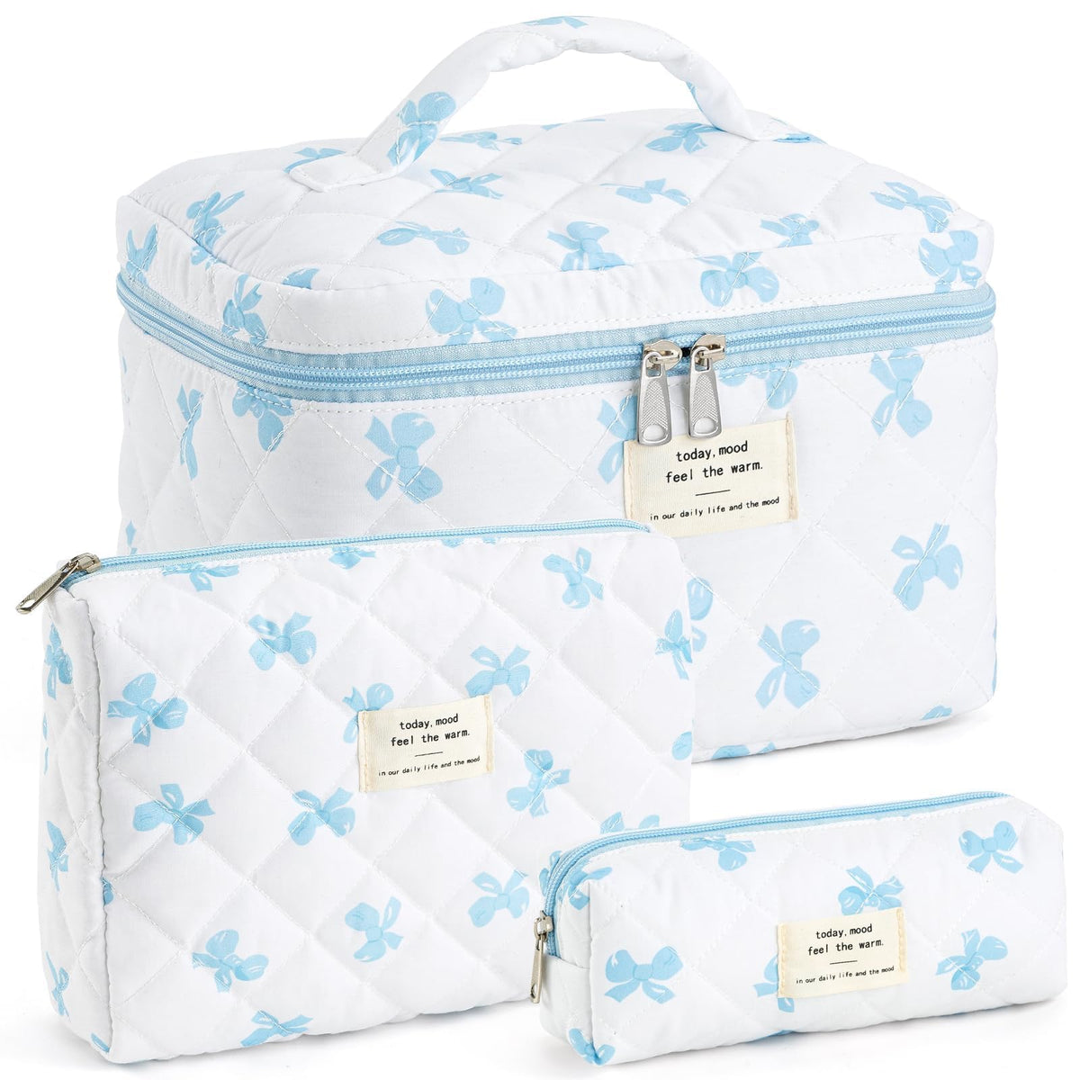 Makeup Bag for Women 3PCS Quilted Cotton Make Up Bag Travel Cosmetic Bag Large Makeup Bag Set Cute Makeups Organizer Floral Toiletry Pouch for Purse, Pink Floral D